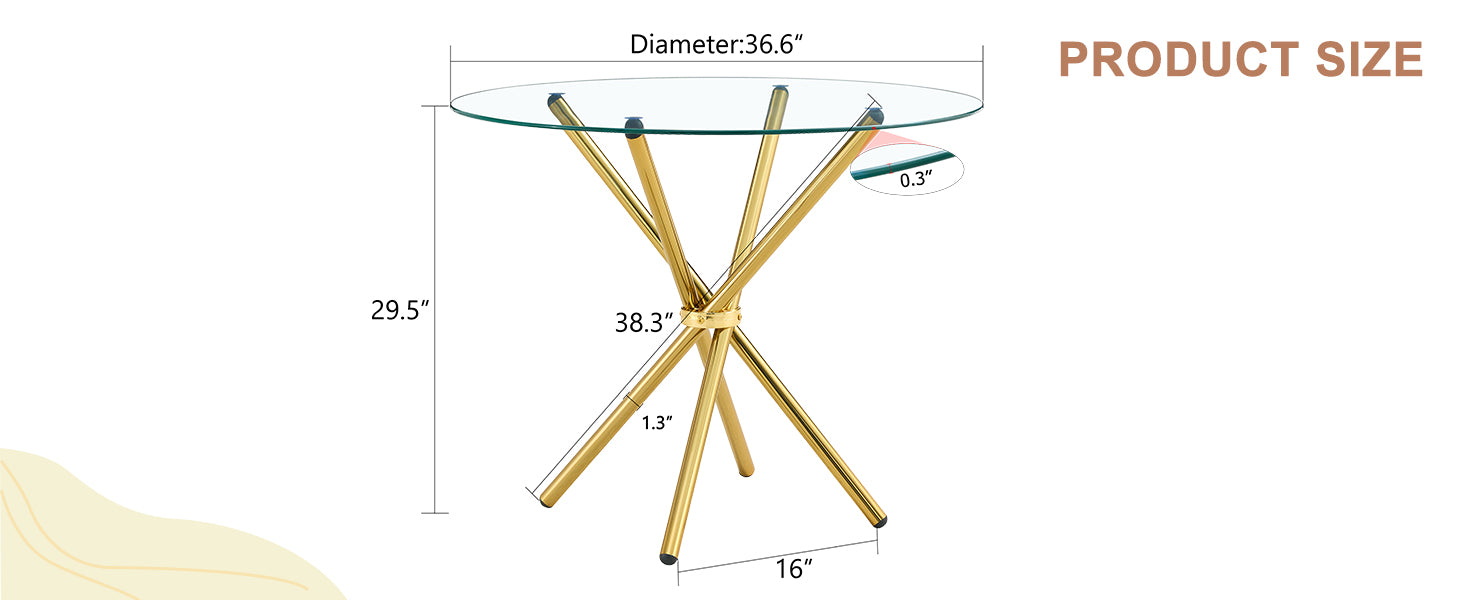 Round Clear Glass Dining Table With A Unique Shape For 4 6 People, With Ring Shaped Gathered Gold Metal Legs, Suitable For Desks, Kitchens, Terraces, Dining Rooms. Gold Glass Metal