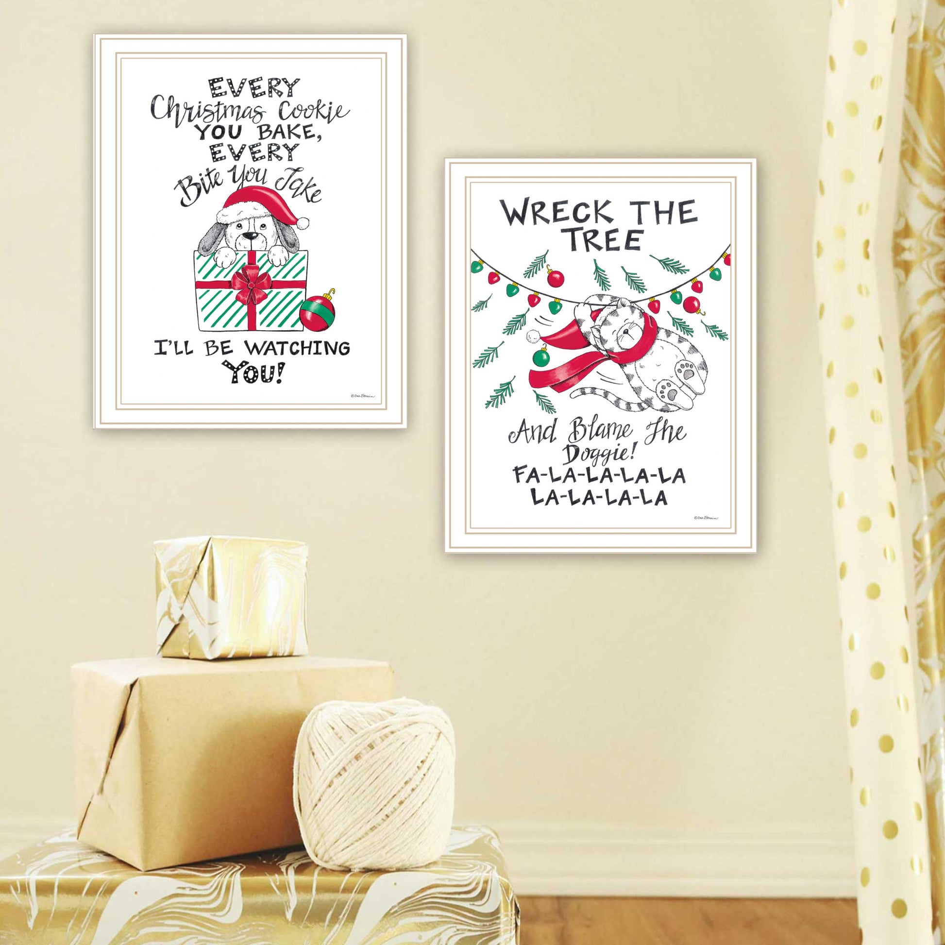 2 Piece Vignette Cat & Dog Christmas Enjoyment White Framed Wall Art For Living Room, Bedroom Wall Art Print For Home Decor By Deb Strain Multi Wood Paper