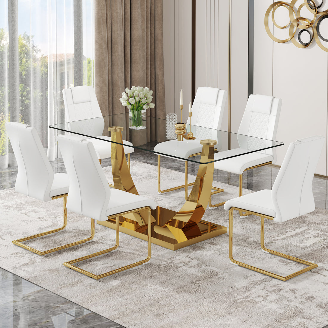 Table And Chair Set.Modern Rectangular Dining Table With Transparent Tempered Glass Tabletop And Gold Plated Metal Legs.Paried With 6 Comfortable Chairs With Pu Seats And Golden Metal Legs. Transparent,White Gold Seats 6 Glass Metal