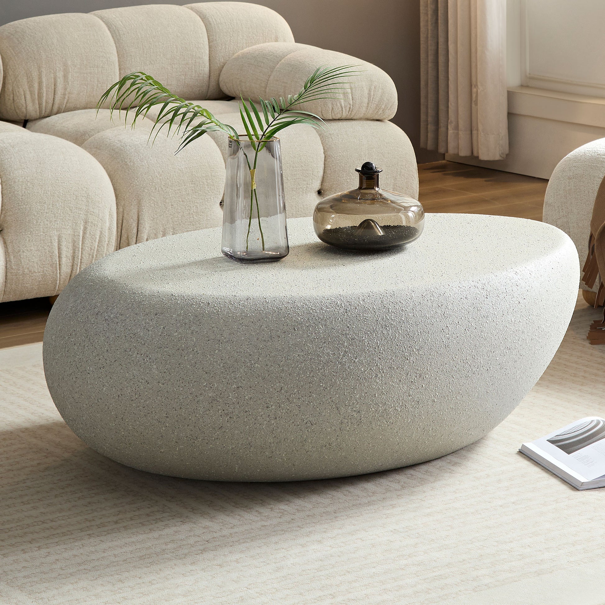 43.31''Fiberglass Elliptical Coffee Table For Living Room Vintage Table,Matte Rocks Table Front Of The Sofa, Irregular Center Table,No Need Assembly Beige Fiberglass