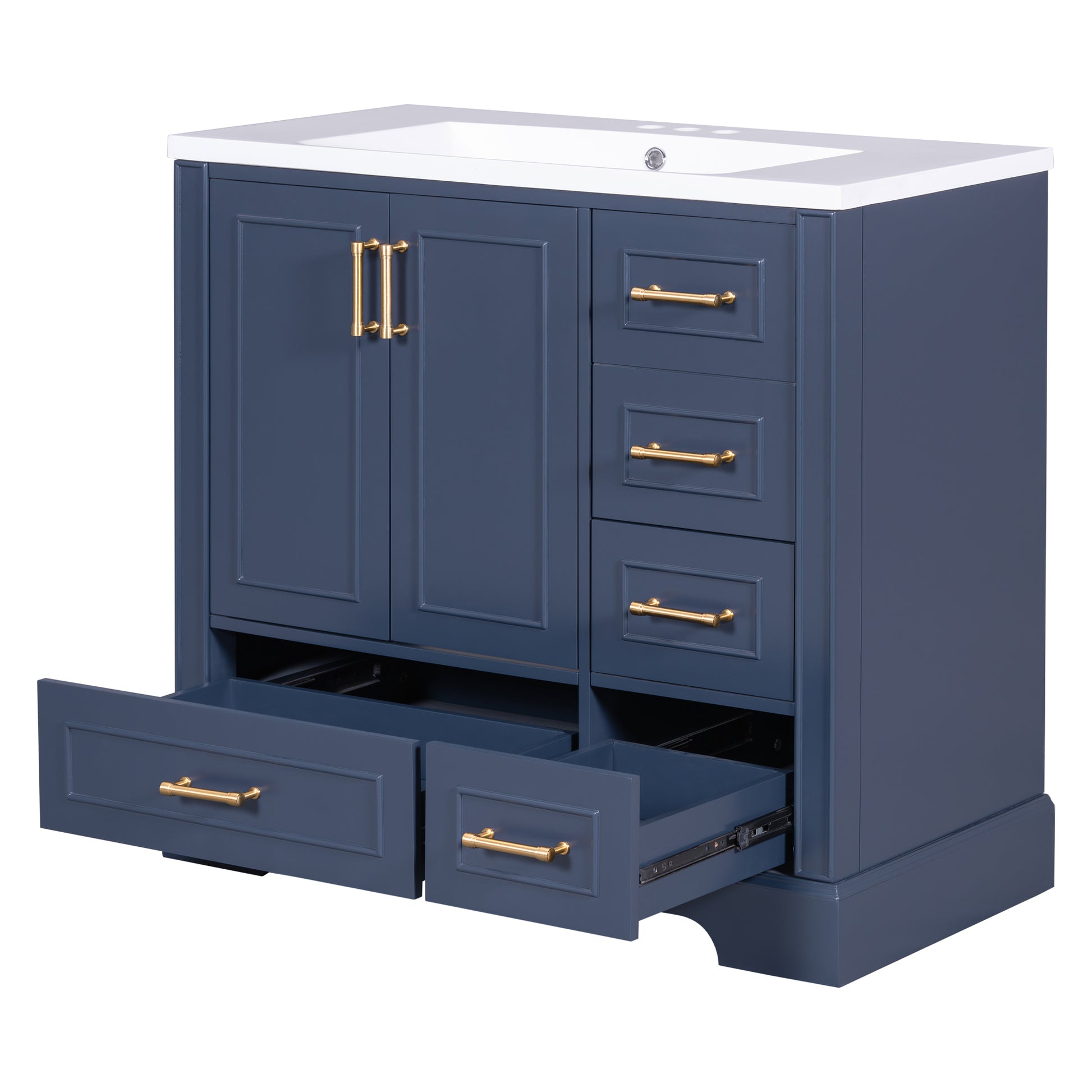 36 Inch Traditional Bathroom Vanity With Resin Sink Combo Set, Blue Bathroom Cabinet With Two Doors And Four Drawers Blue Bathroom Solid Wood Mdf Resin