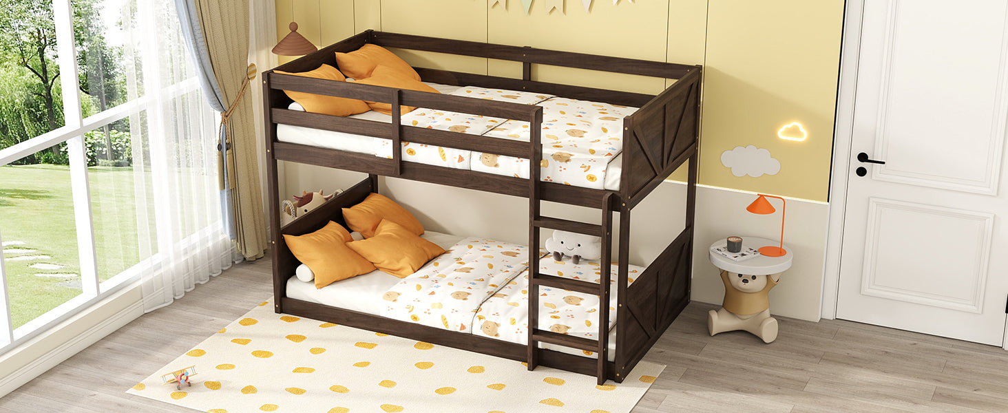 Twin Over Twin Floor Bunk Bed With Panelled Headboard And Footboard, Solid Rubber Wood Foundation With Safety Guardrails, Built In Ladder,Antique Oak Twin Antique Dark Oak Rubber Wood