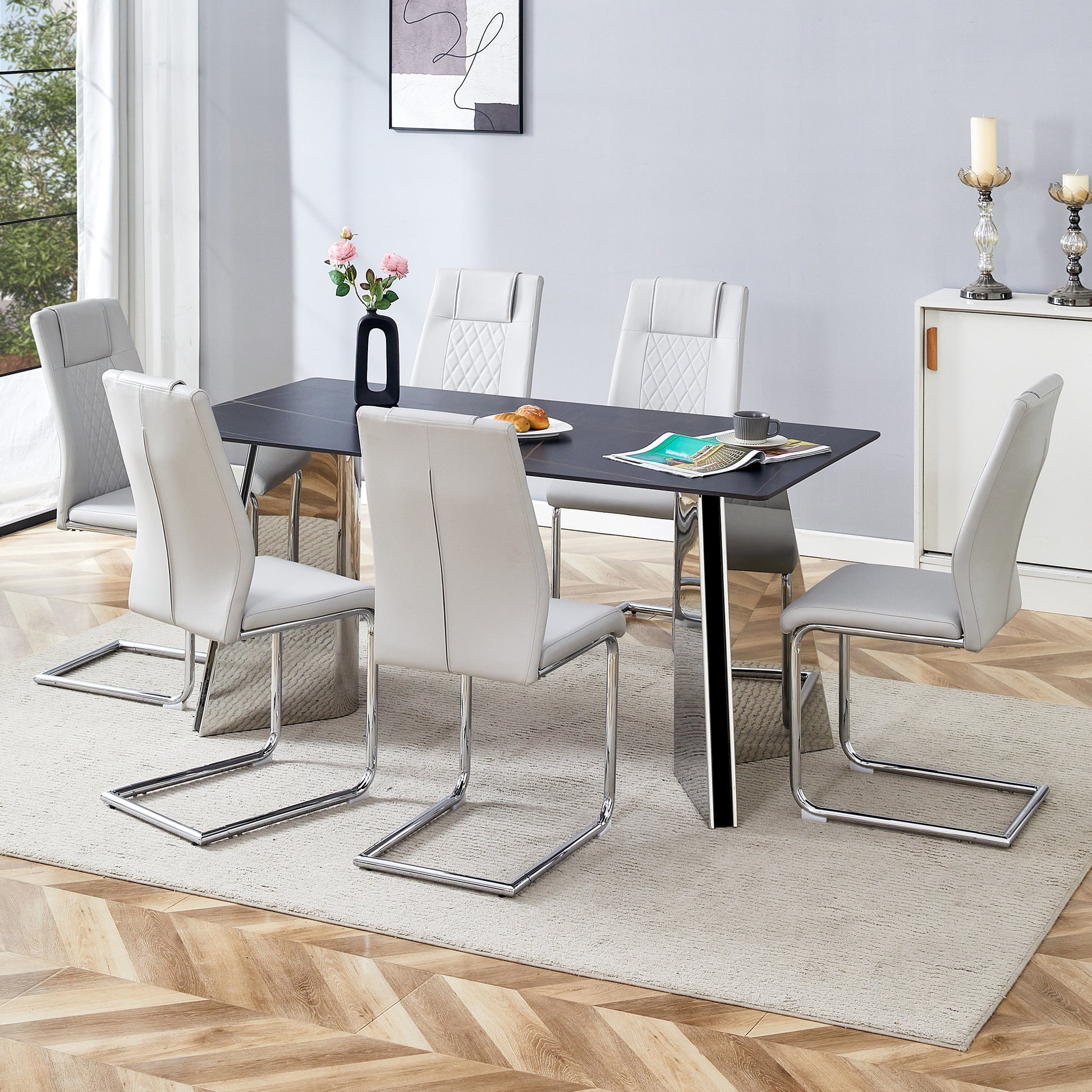 Table And Chair Set.63"X31.5X30" Black Marble Patterned Slabs Tabletop With Stainless Steel Butterfly Legs.Paried With 6 Light Gray High Quality Pu Chairs With Silver Metal Legs. Light Gray,Silver