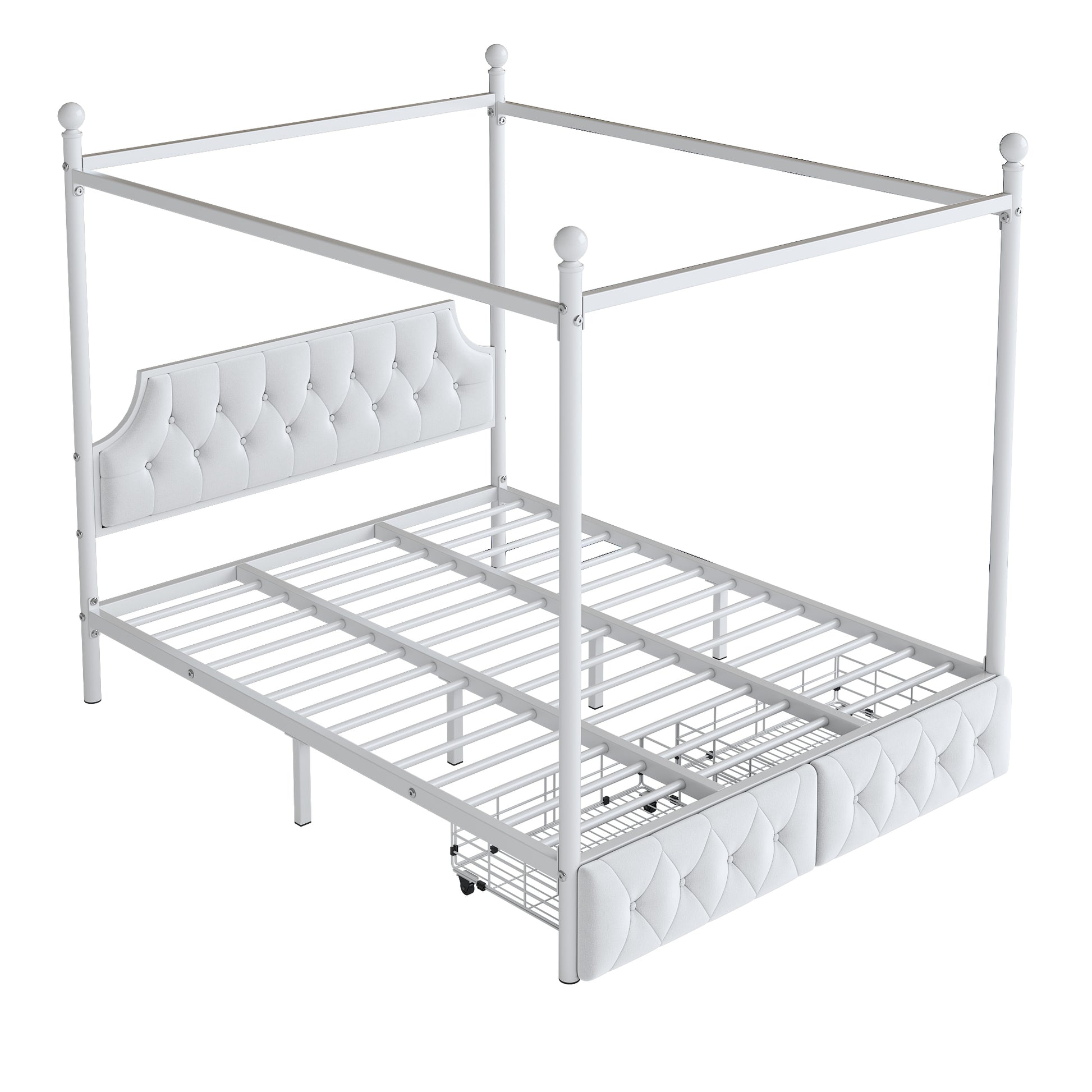 Queen Size Metal Canopy Platform Bed With Upholstered Headboard And Two Storage Drawers, White Queen White Metal