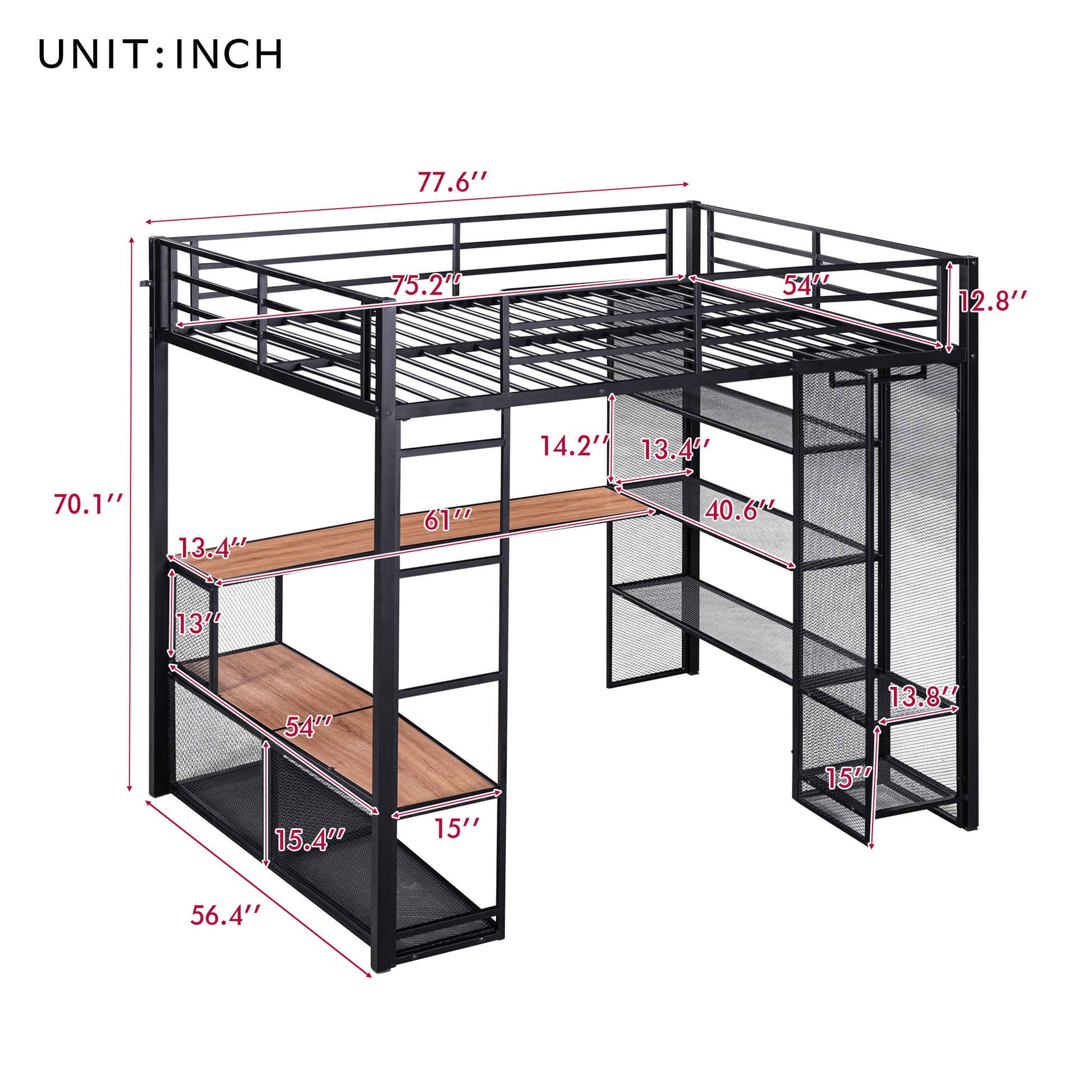 Full Size Metal Loft Bed With Storage Iron Mesh And Mdf Shelves And Open Wardrobe,Black Black Metal