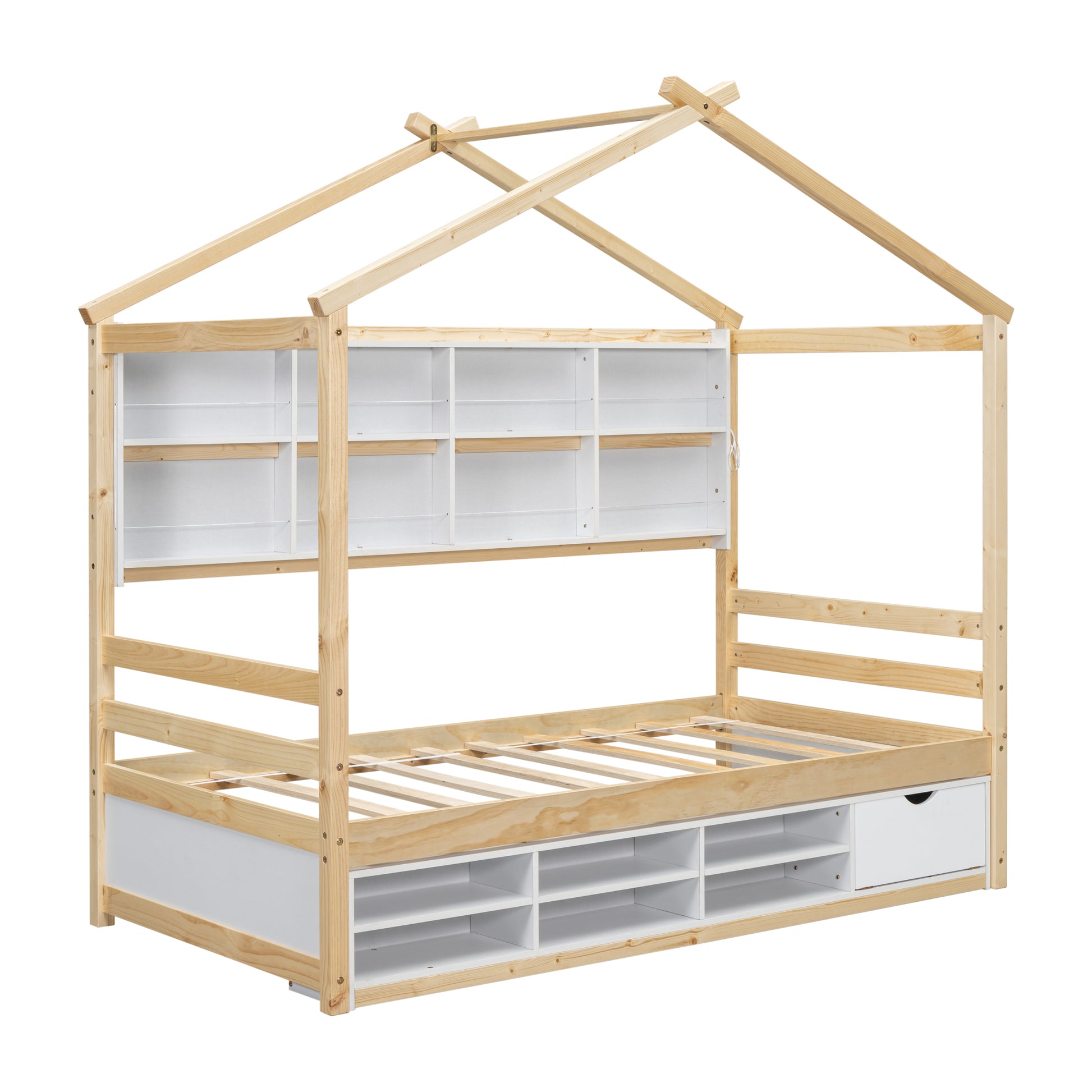 Twin House Bed With Roof Frame, Bedside Shelves, Under Bed Storage Unit,Natural Twin Natural American Design Pine