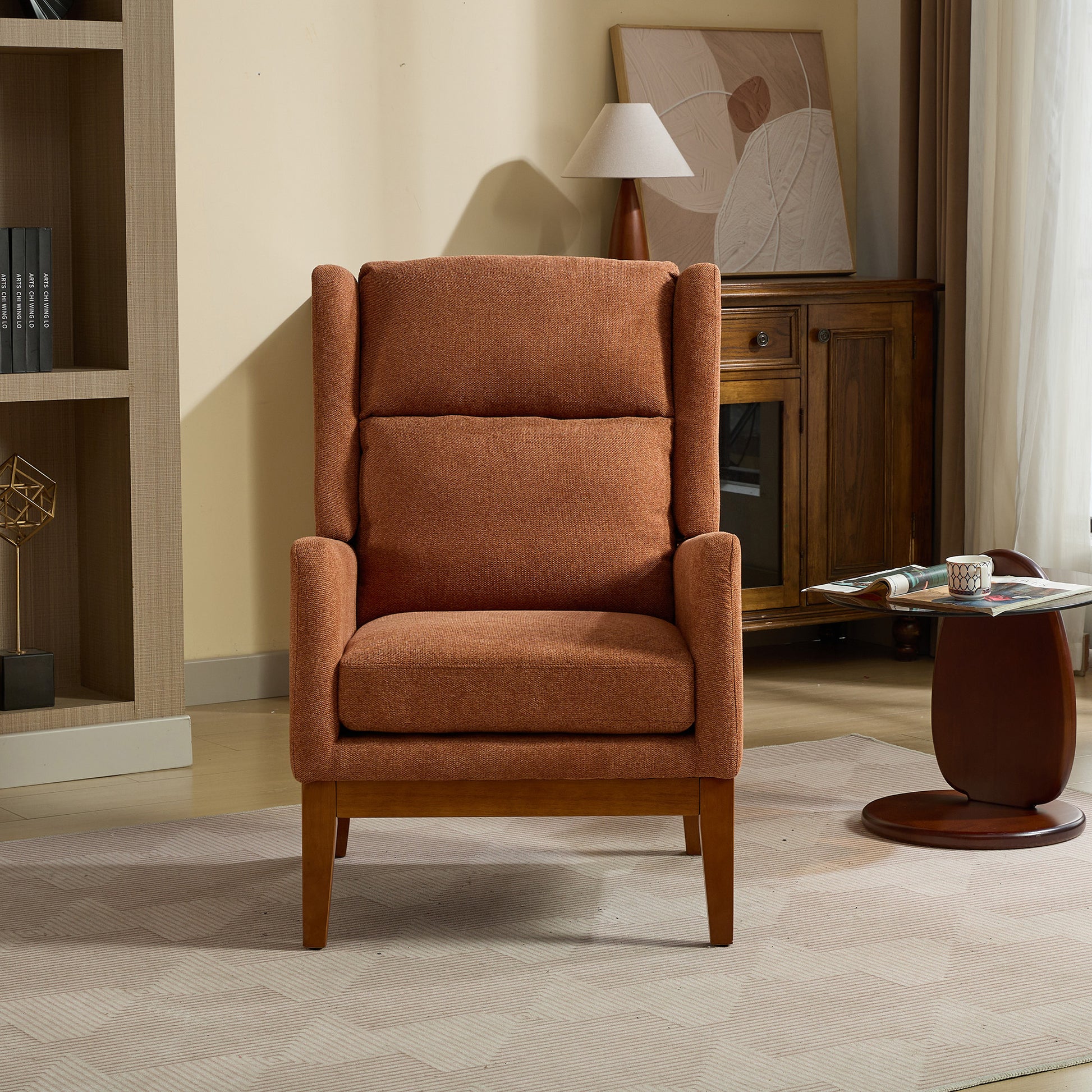 26.18" Wide Modern Accent Chair,Polyester Blend High Back Reading Chair ,Upholstered Armchair Club Chair,Single Sofa With Wood Legs For Living Room,Bedroom,Reading Room,Office,Orange Orange Foam