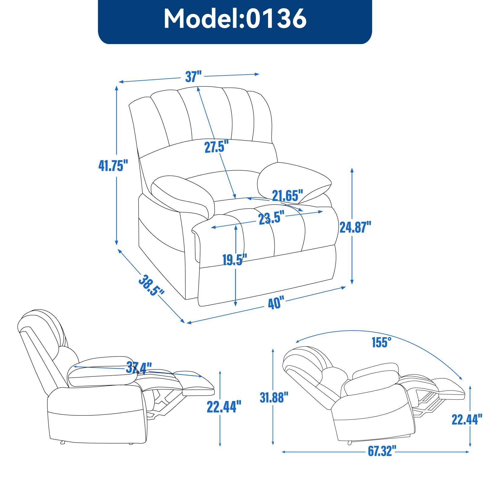 Large Manual Recliner Chair In Fabric For Living Room, Grey Grey Polyester Manual Handle Metal Primary Living Space Medium Firm Cushion Back Heavy Duty American Design Pine Pillow Top Arms Fiber Foam And Polyester Fiber Pad Fabric