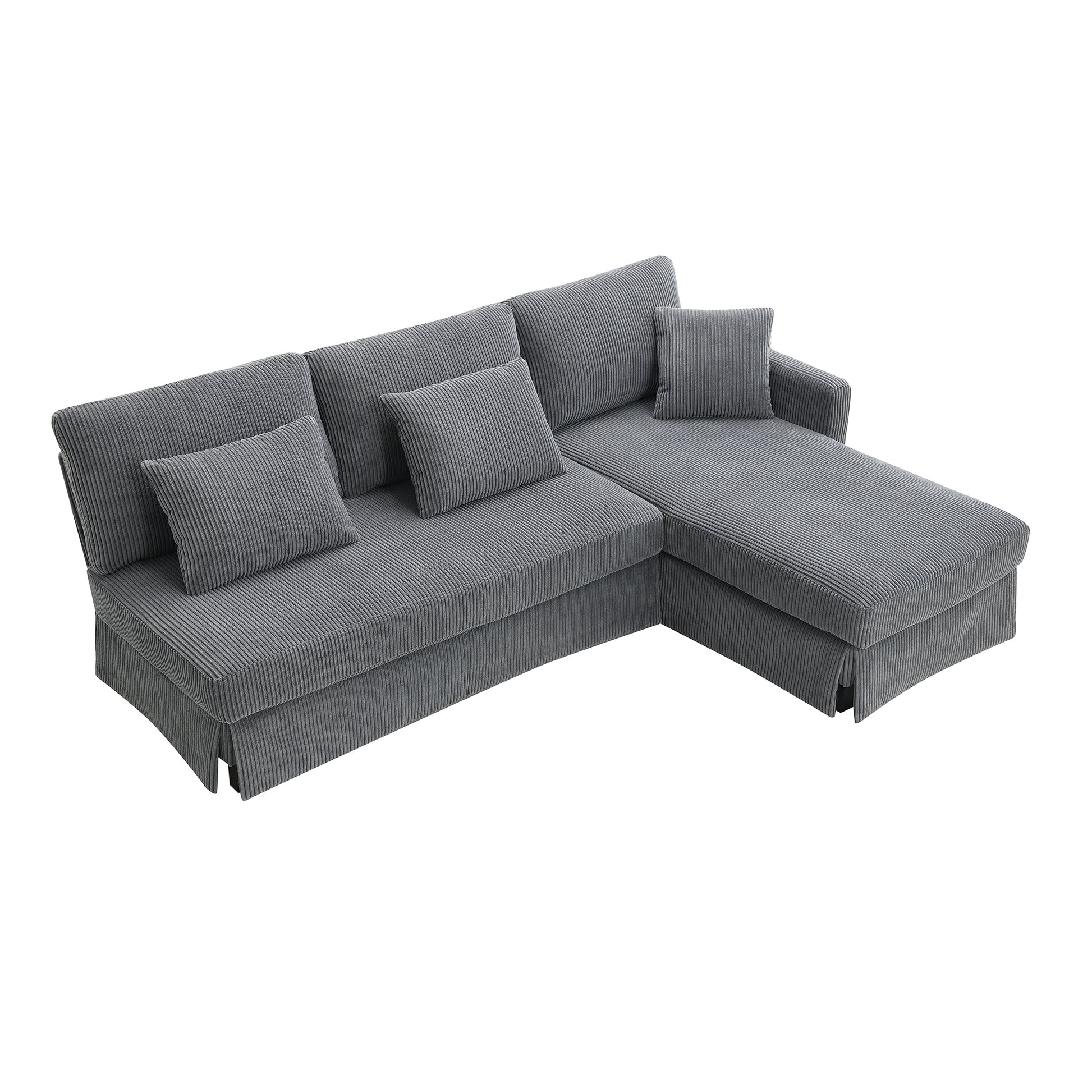 87*61"Modern L Shaped Corduroy Sofa With Reversible Chaise,4 Seat Upholstered Sectional Indoor Furniture,Convertible Sleeper Couch With Pillows For Living Room,Apartment,3 Colors Gray Corduroy 4 Seat