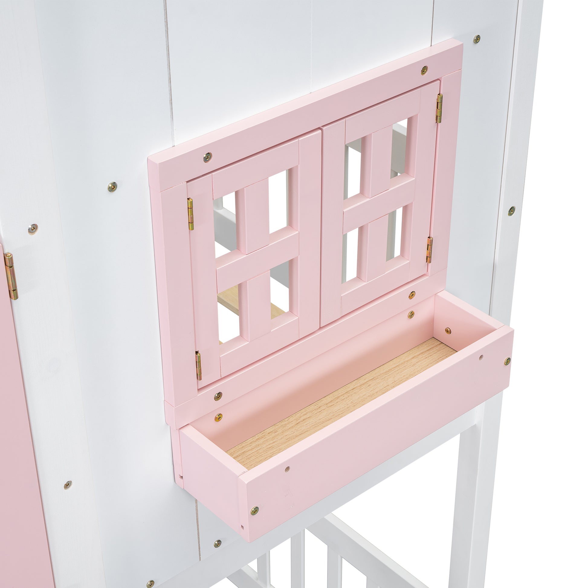 Twin Over Twin House Bunk Bed With Roofwindow, Window Box, Doorwith Safety Guardrails And Ladder, Pink White Twin Pink White Pine