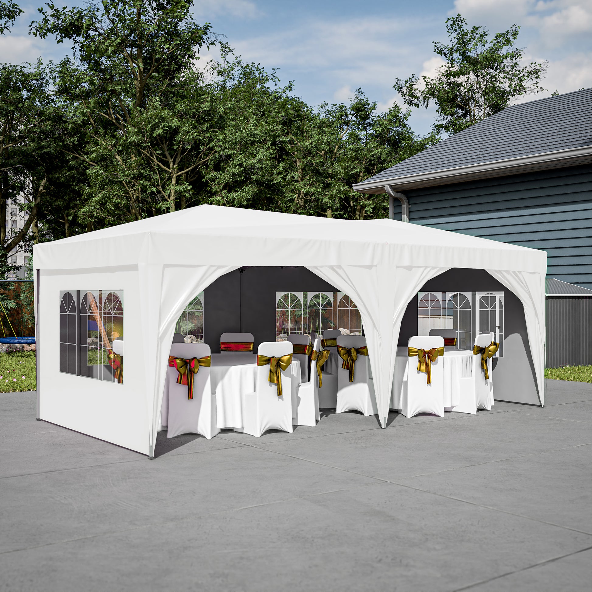 10'X20' Pop Up Canopy Tent With 6 Sidewalls, Ez Pop Up Outdoor Canopy For Parties, Waterproof Commercial Tent With 3 Adjustable Heights, Carry Bag, 6 Sand Bags, 6 Ropes And 12 Stakes, White White Metal