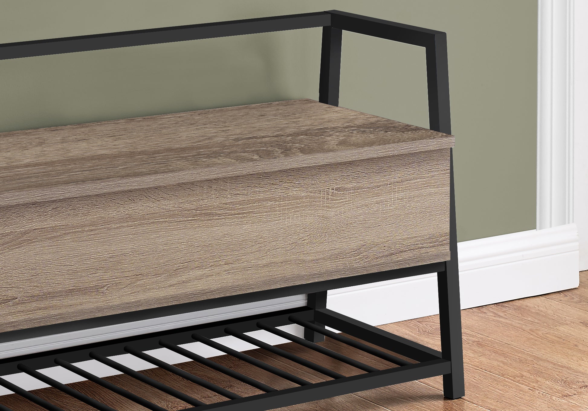 Bench, Entryway, Hallway, Storage, 42" Rectangular, Brown Laminate, Black Metal, Contemporary, Modern Taupe Mdf