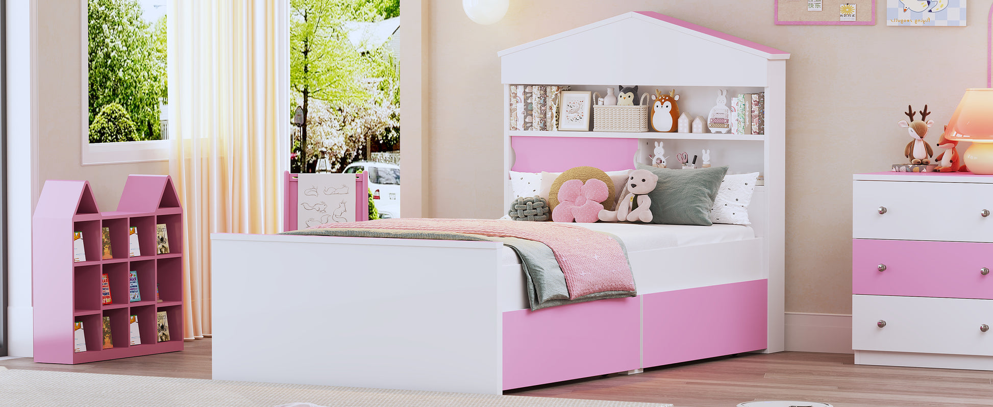 Twin Size House Shaped Wooden Bed With Storage Shelf On The Headboard, Built In Two Storage Drawers, Pink Pink White Wood