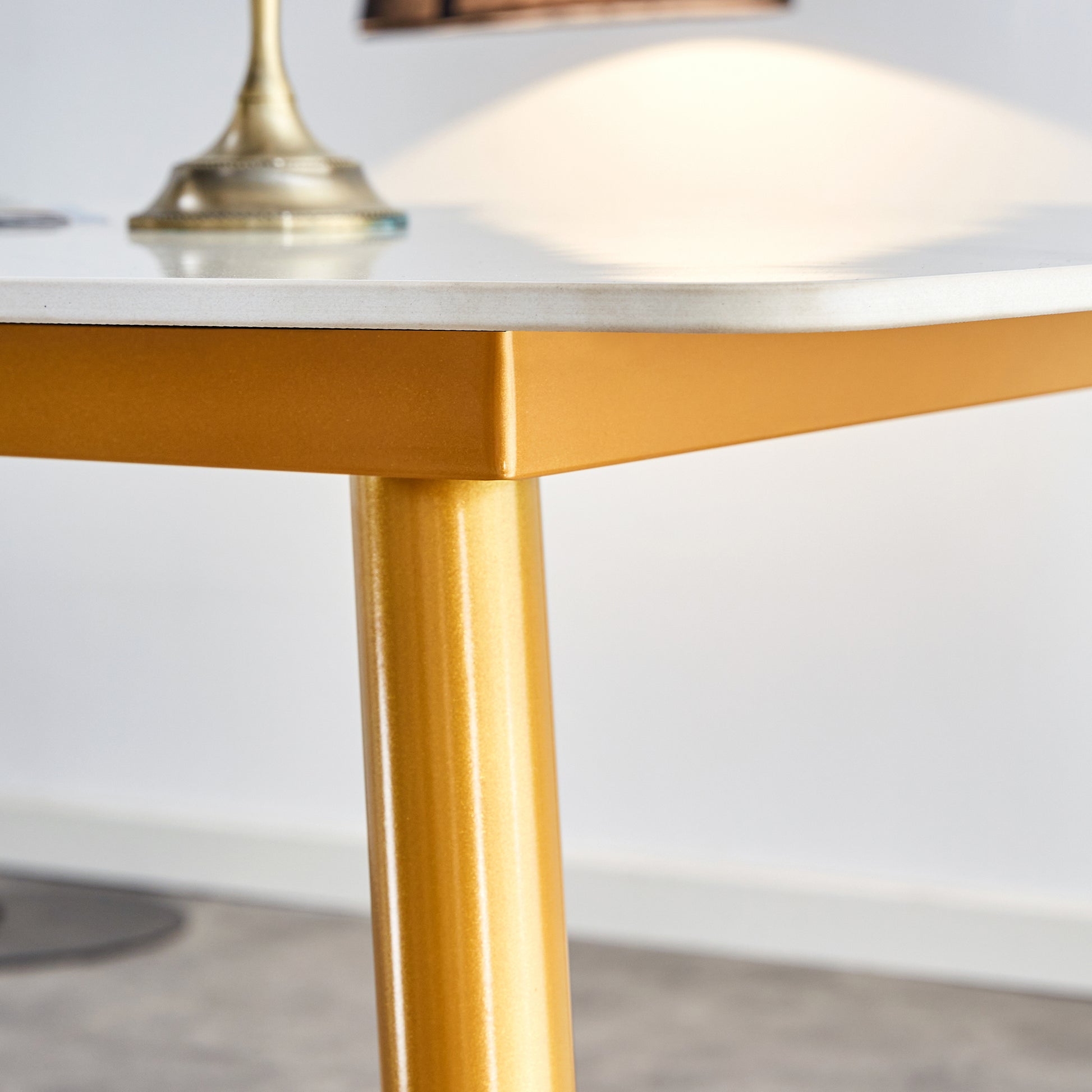 Modern Minimalist Dining Table. White Imitation Marble Patterned Stone Burning Tabletop With Golden Metal Legs. 50 "* 30" * 30 "F 001 Gold Sintered Stone