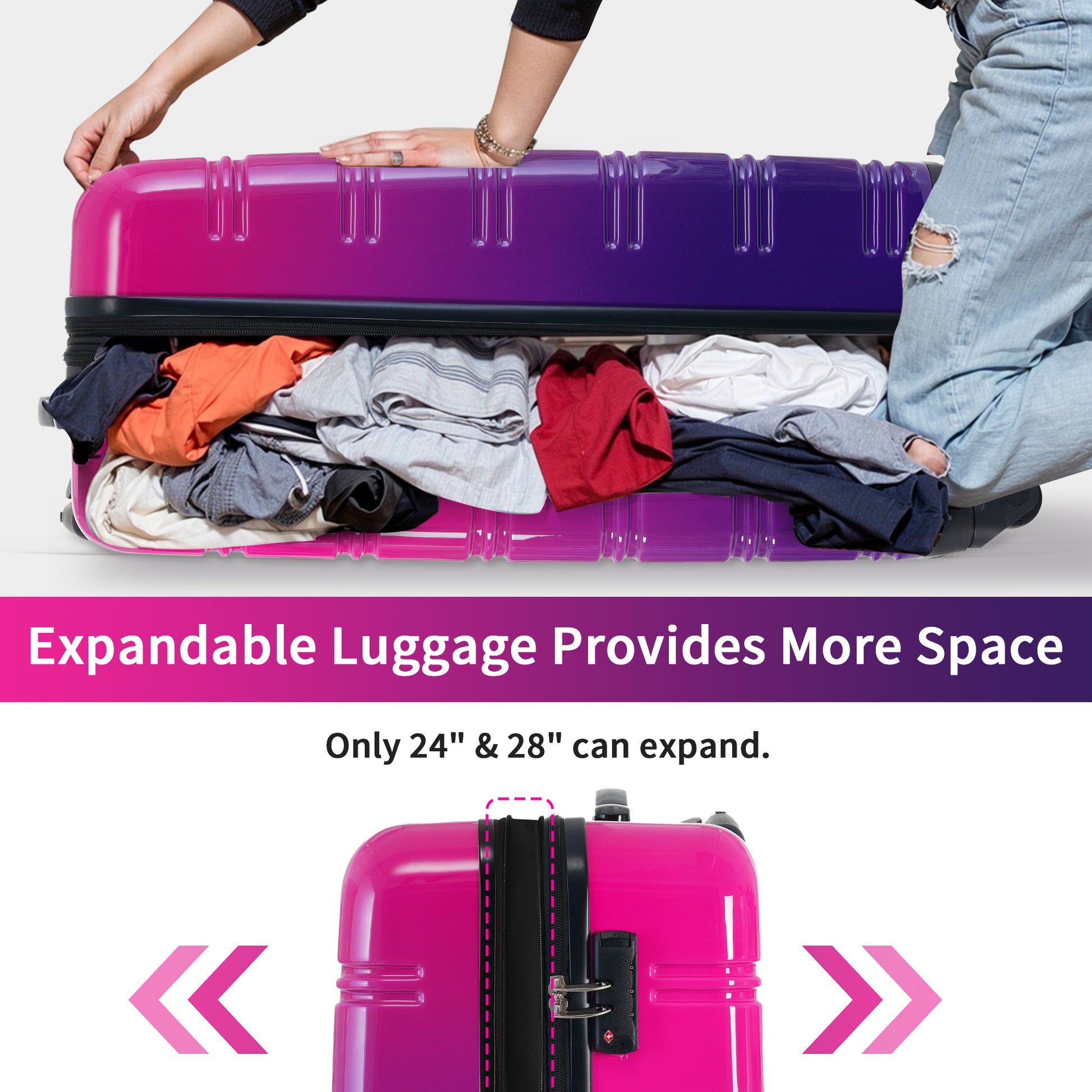 Hardshell Luggage Sets 3 Piece Gradient Color Expandable Suitcase With Spinner Wheels And Tsa Lock Lightweight 20" 24" 28" Available,Purple And Pink Multicolor Purple Pc