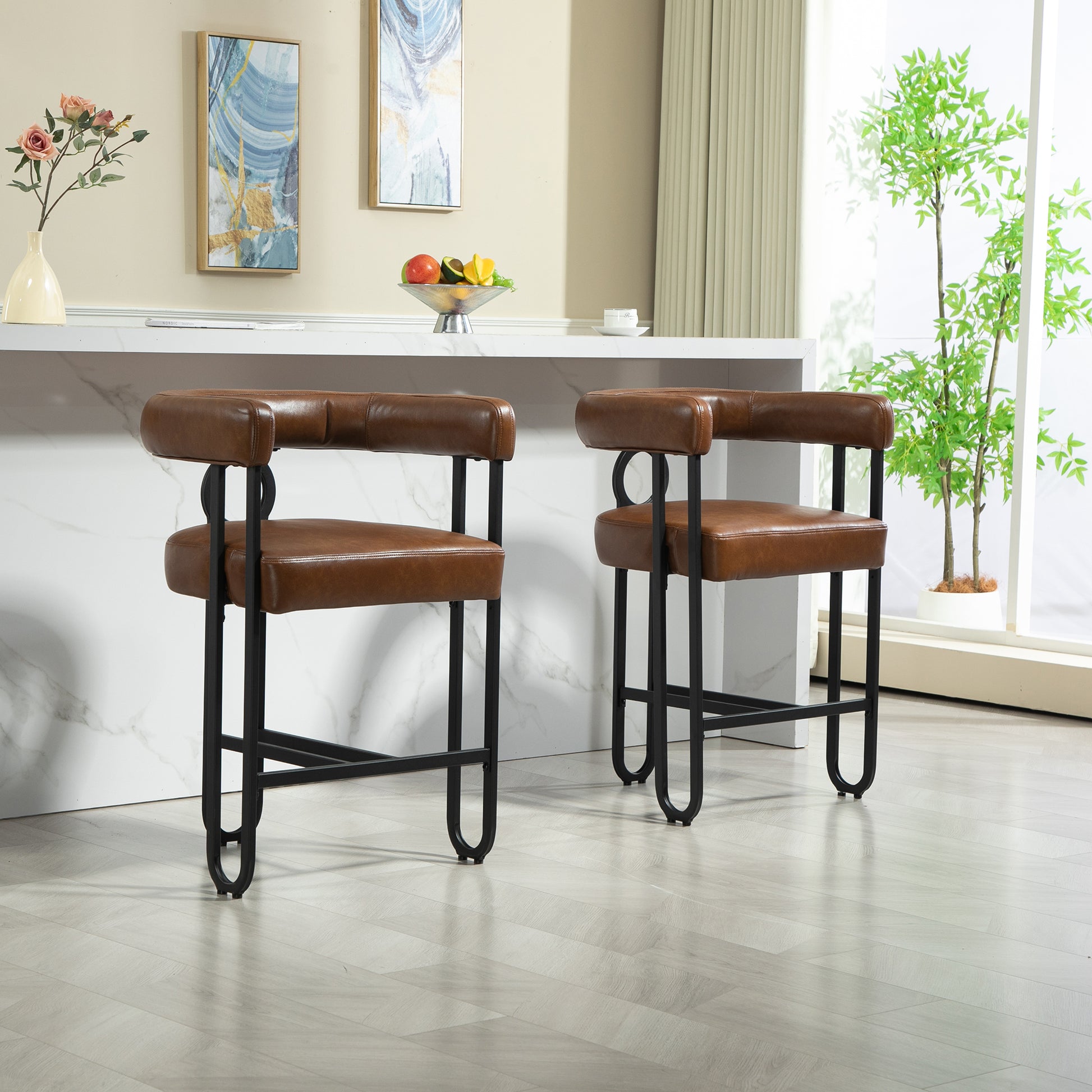 Coolmore Bar Stools Set Of 1, Modern Bar Stool With Back, Black Metal Frames, Upholstered Bar Stools For Kitchen Island, Pub, Club Light Brown Pu Light Brown Primary Living Space Foam Pu