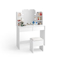 Modern Dressing Table With 2 Drawers, 4 Open Shelves Rectangular Makeup Table With Mirror, 10 Lamp Bulb,42.52*15.75* 52.76Inch,For Bedroom White Particle Board Mdf