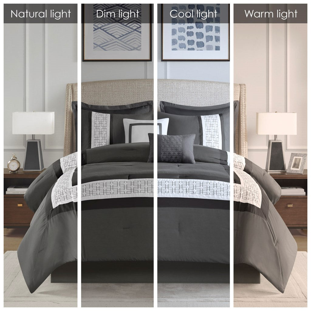 8 Piece Embroidered Comforter Set Dark Grey Queen Dark Grey Polyester