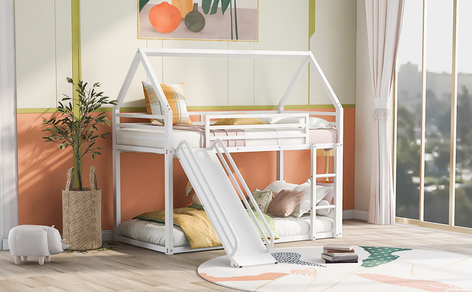 Twin Over Twin House Bunk Bed With Ladder And Slide,White Twin White Metal