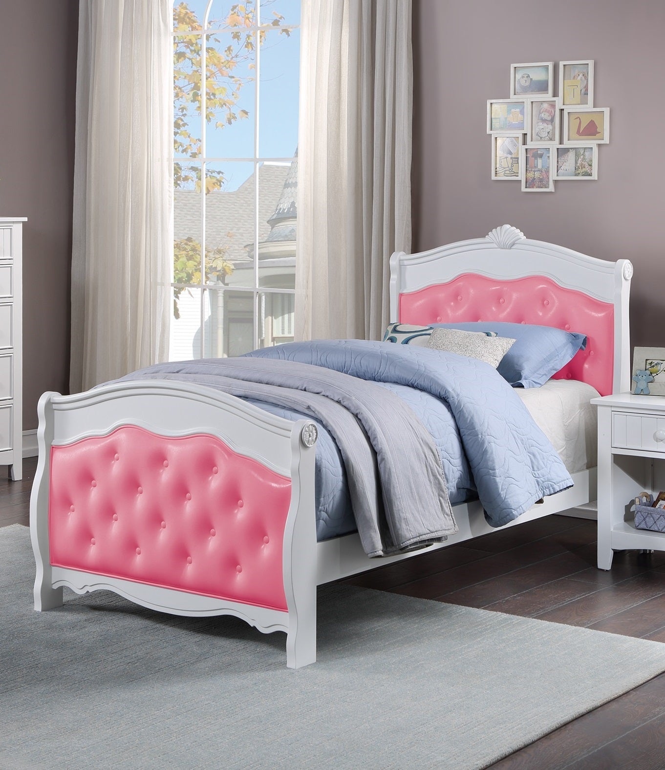 White Full Size Bed Youth Bedroom Furniture Pink Faux Leather Headboard Footboard Plywood 1Pc Bedframe Box Spring Required Full Pink White Wood Bedroom Classic,Traditional Pine Bed Frame Faux Leather Plywood