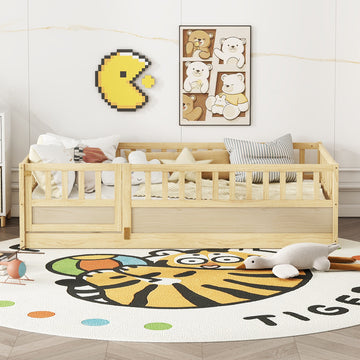 Twin Size Floor Bed, Integral Construction With Super High Security Barrier, Door, Children'S Floor Bed Frame, Montessori Wooden Children'S Floor Bed, Support Slat Natural Wood Box Spring Required
