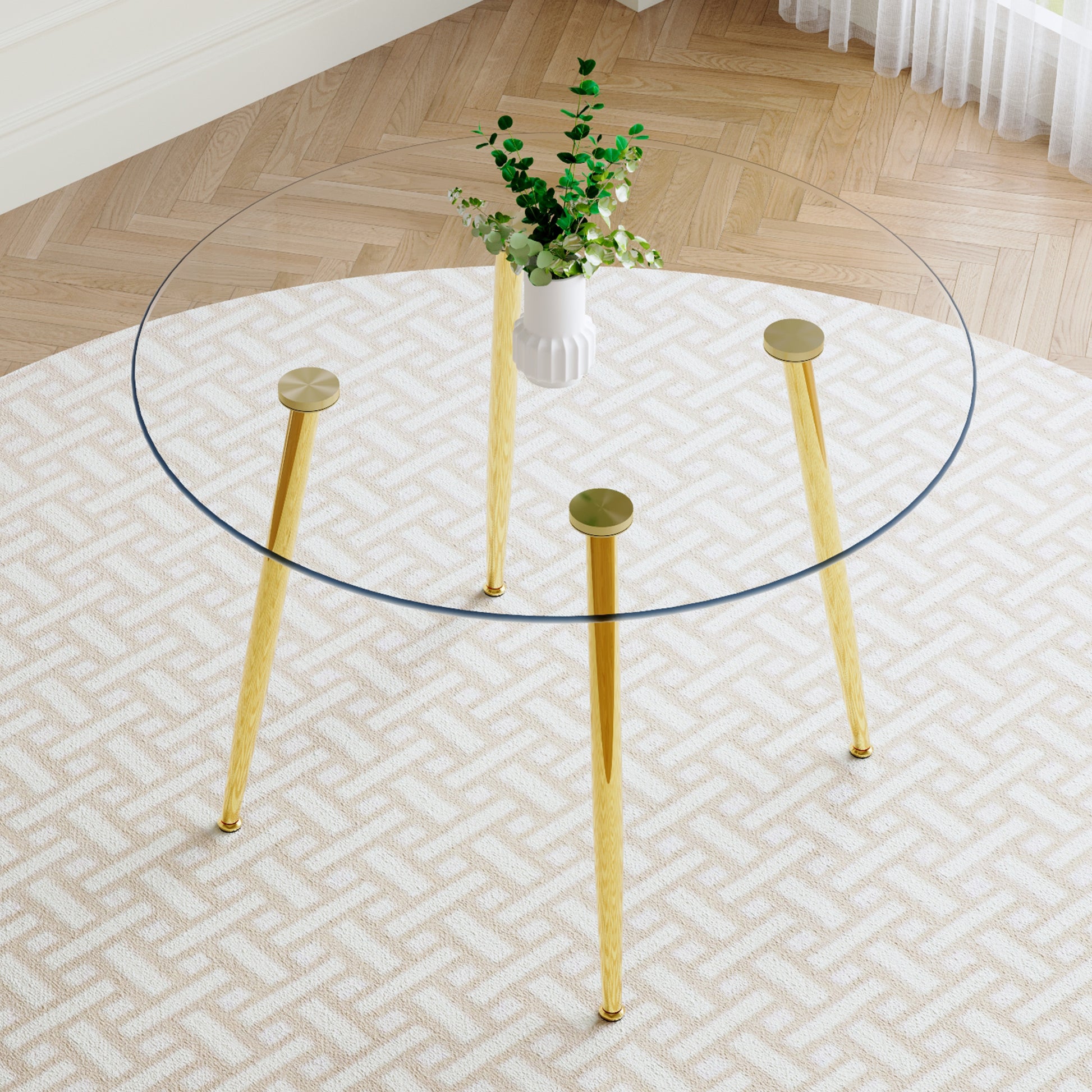 Round Dining Table With Glass Top, Gilded Metal Legs, Exquisite Living, Starting From The Details, The Gold Legs Show An Extraordinary Texture, Which Is The Finishing Touch To Your Home Transparent Glass Metal