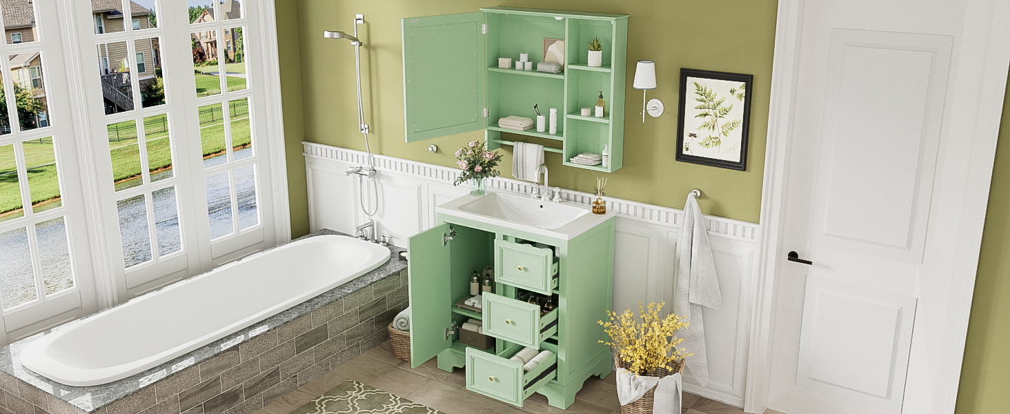 30 Inch Bathroom Vanity With Sink, Modern Elegant Bathroom Storage Cabinet With 3 Drawers And Adjustable Shelves, Freestanding Vanity Set With Mirror Cabinet, Single Sink Bathroom Vanity Green Bathroom Solid Wood Mdf Glass