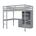 Full Size Loft Wood Bed With Desk, Storage Shelves And Drawers, Built In Ladder, High Loft Bed With Desk, Storage Shelves And Drawers,Guardrails,Grey Full Grey Pine