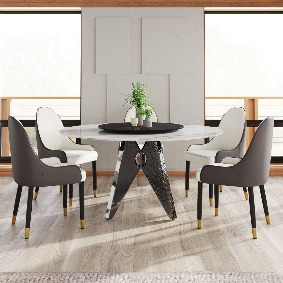 59.05" Round Marble Dining Table With Silver Stainless Steel Design Base, Artificial Marble For 6 8 People, 31.5"Black Artificial Stone Turntable,White&Black Dining Table Only Black,Silver,White