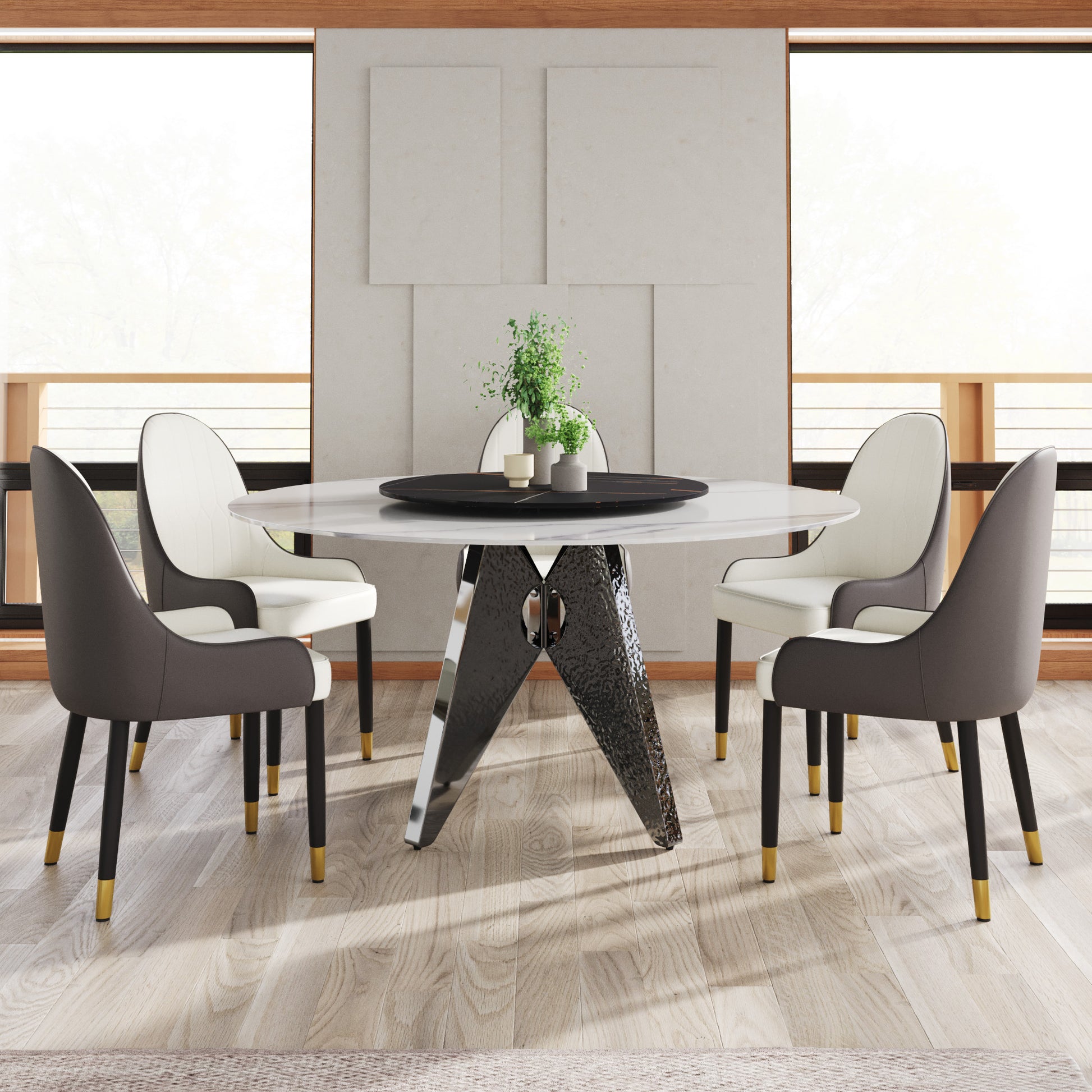 59.05" Round Marble Dining Table With Silver Stainless Steel Design Base, Artificial Marble For 6 8 People, 31.5"Black Artificial Stone Turntable,White&Black Dining Table Only Black,Silver,White