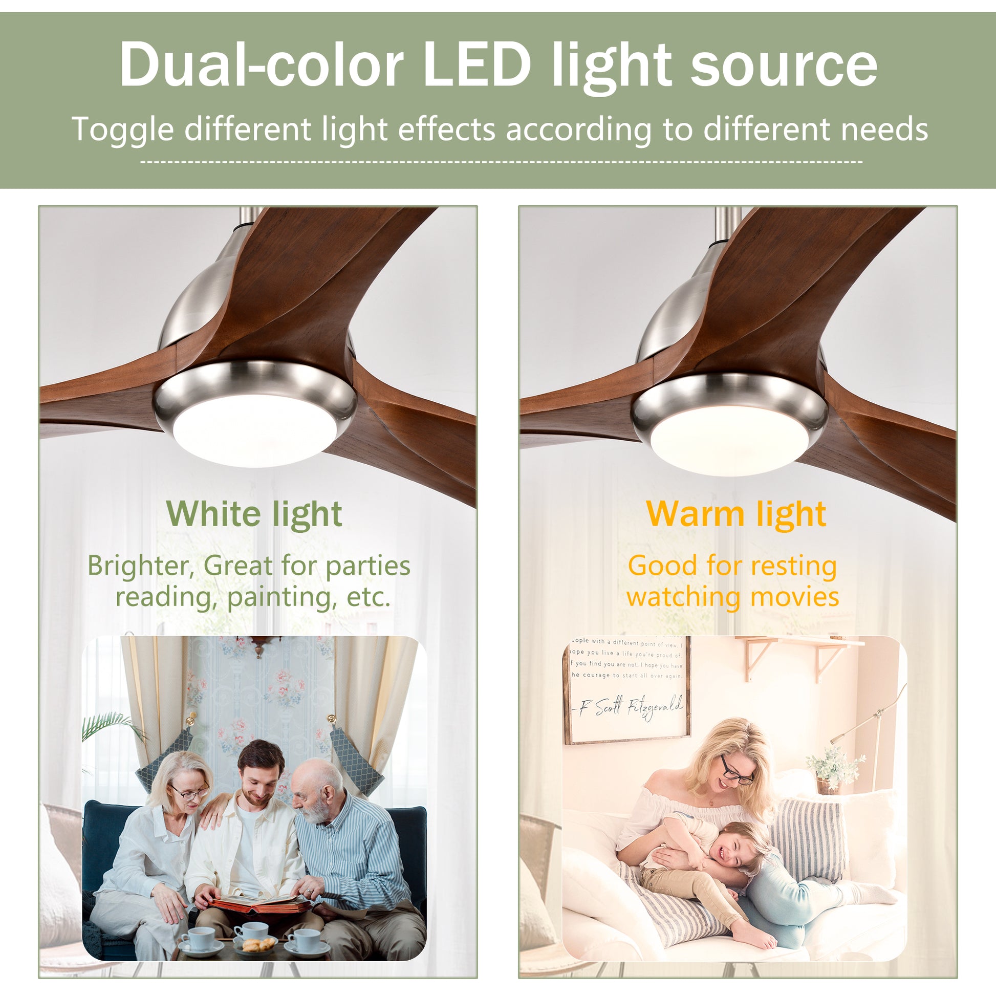 Same Sku W1592P176970 52" Solid Wood Blades Ceiling Fan With Light With Remote Control, Noiseless Reversible Motor, 6 Speed ,3 Colorfor Patio Living Room, Bedroom, Indoor. Stain Nickel Walnut Nickel