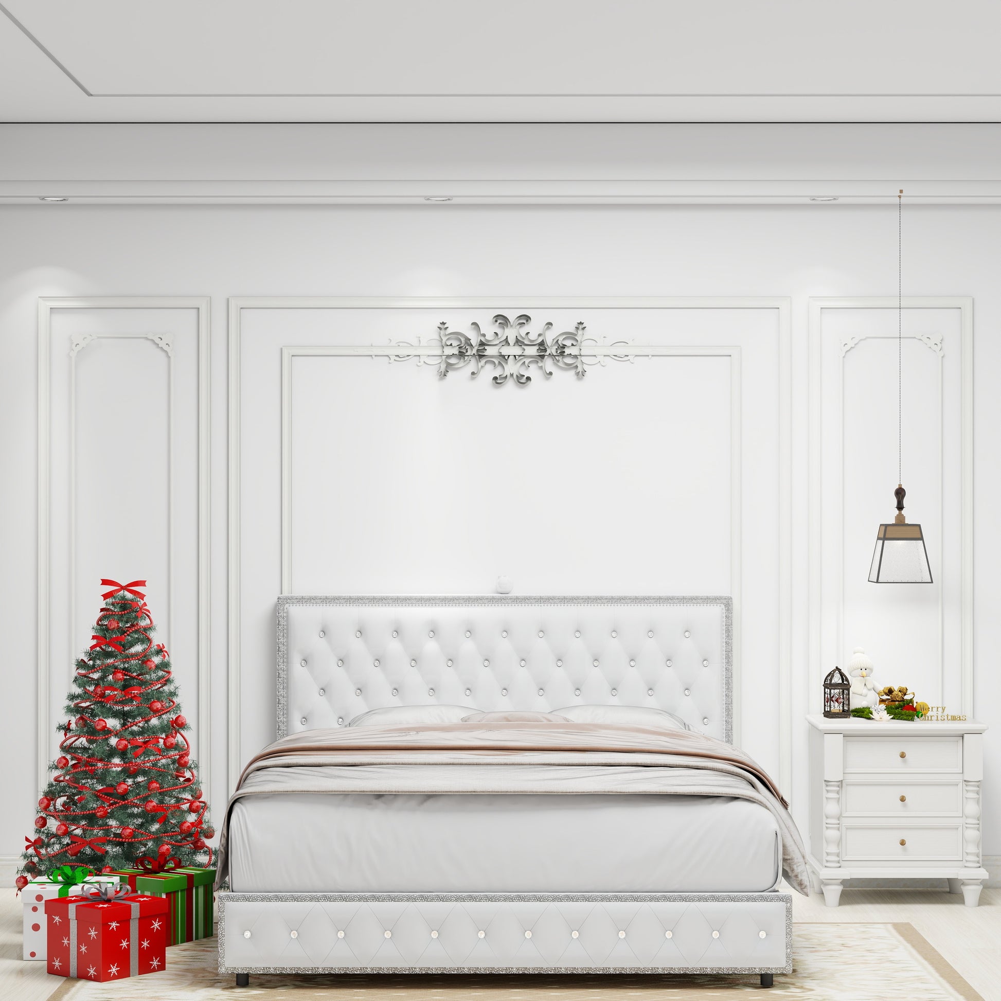 Queen Size Bed Frame With Star Projector Galaxy Light, Adjustable Upholstered Headboard With Diamond Button, Usb Charger, Music Speaker, Pu Leather White Pu Mdf Metal