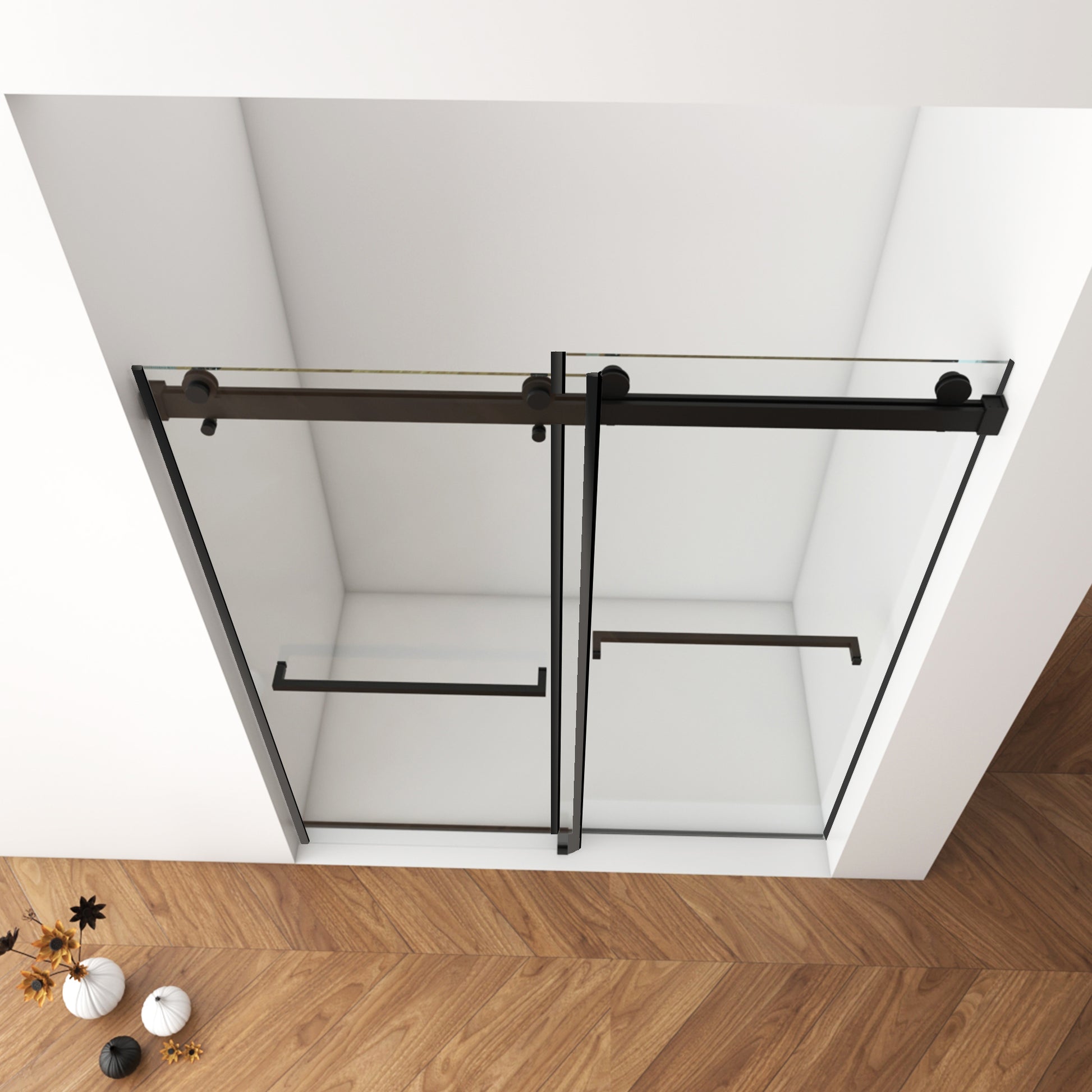 56" 60"W X 70"H Frameless , Double Sliding , 5 16" 8Mm Laminated Glass Premium Tempered Glass Shower Enclosure,Double Side Easy Clean Coat,Matte Black Finished With Buffer Matte Black Bathroom American Design Stainless Steel