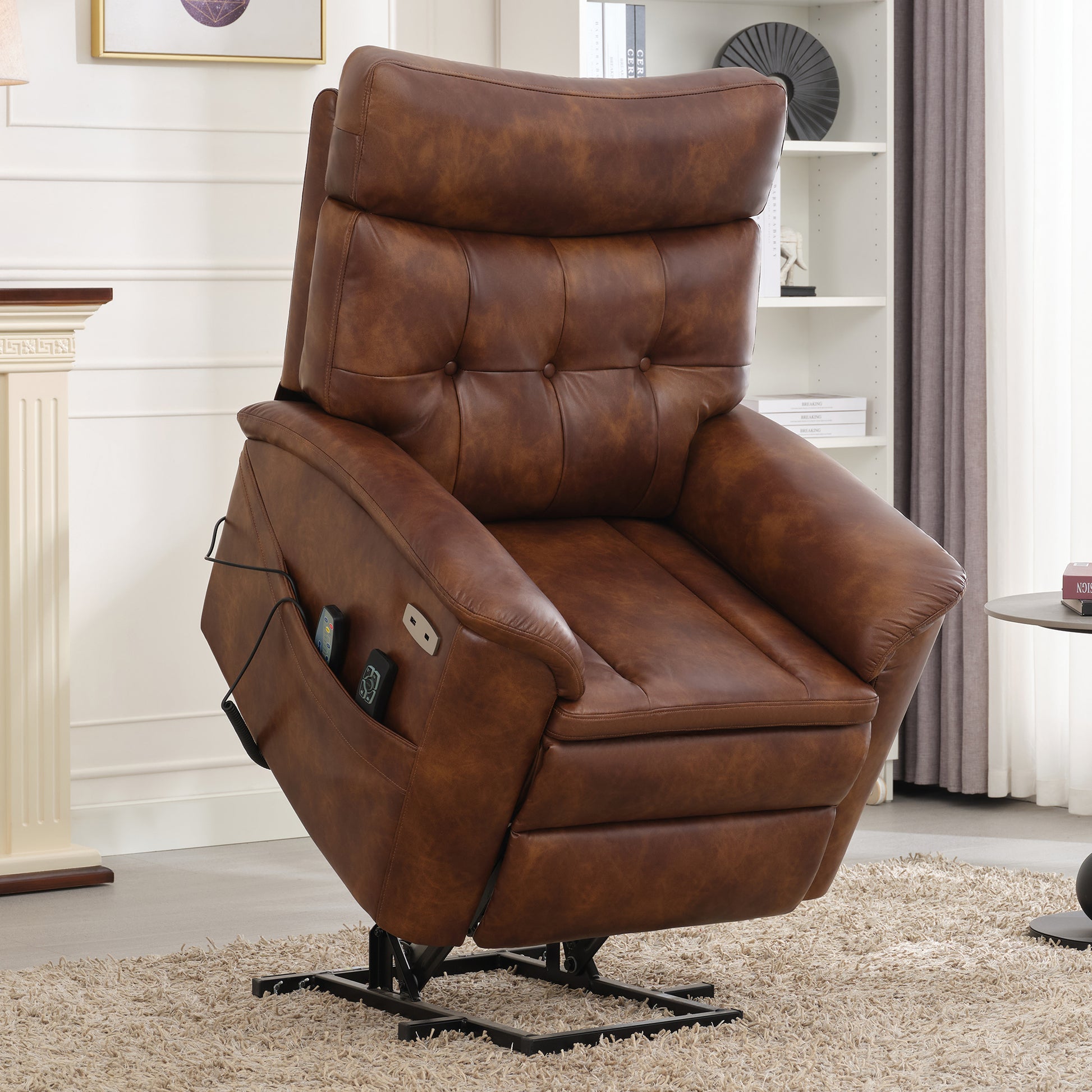 Dual Motor Power Lift Recliner Chair For Elderly, One Touch Reset, Lay Flat Leather Lift Chair With Massage And Heat, Usb & Type C Ports, Electric Recliner Chairs For Seniors, Brown Medium White Wood Primary Living Space Heavy Duty Push Button Acacia