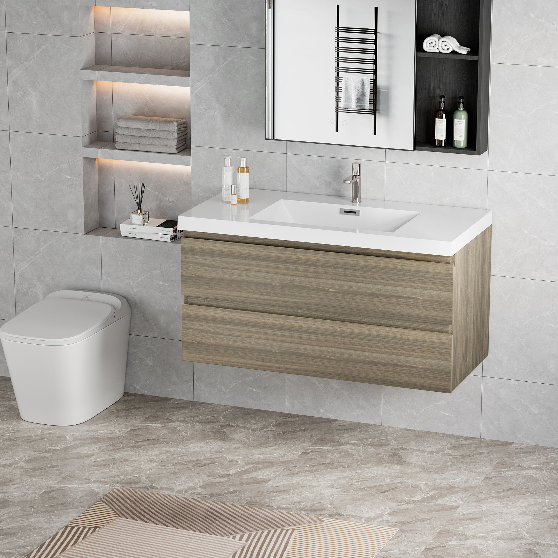 42" Floating Bathroom Vanity With Sink, Modern Wall Mounted Bathroom Storage Vanity Cabinet With Resin Top Basin And Soft Close Drawers, Ash Grey 24V11 42Ag 2 Grey Bathroom Wall Mounted Melamine