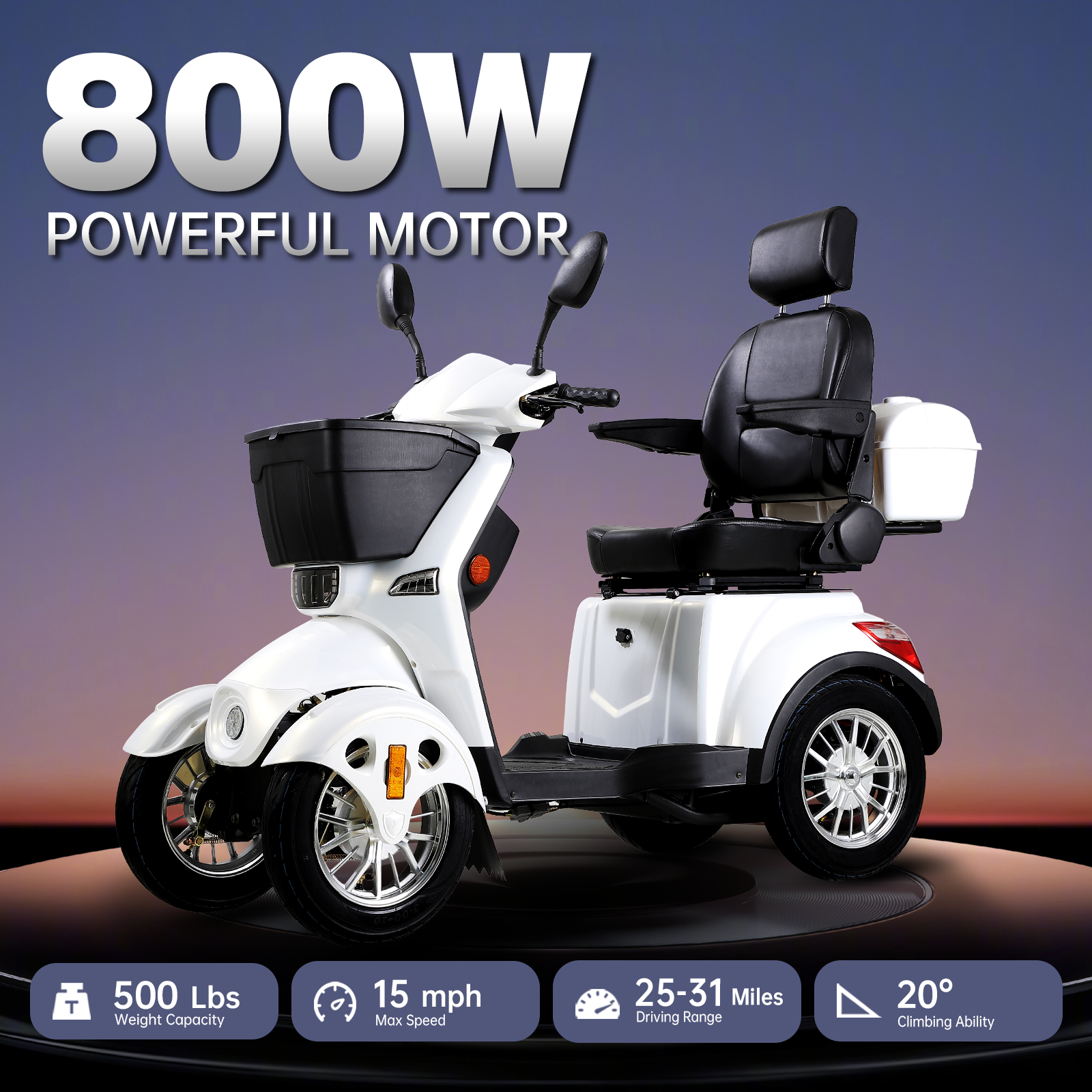 Xl3D4L Electric Mobility Recreational Travel Scooter For Adults,Mobility Scooters For Seniors, 4 Wheel Powered Mobility Scooters White Abs Pc Abs Pc