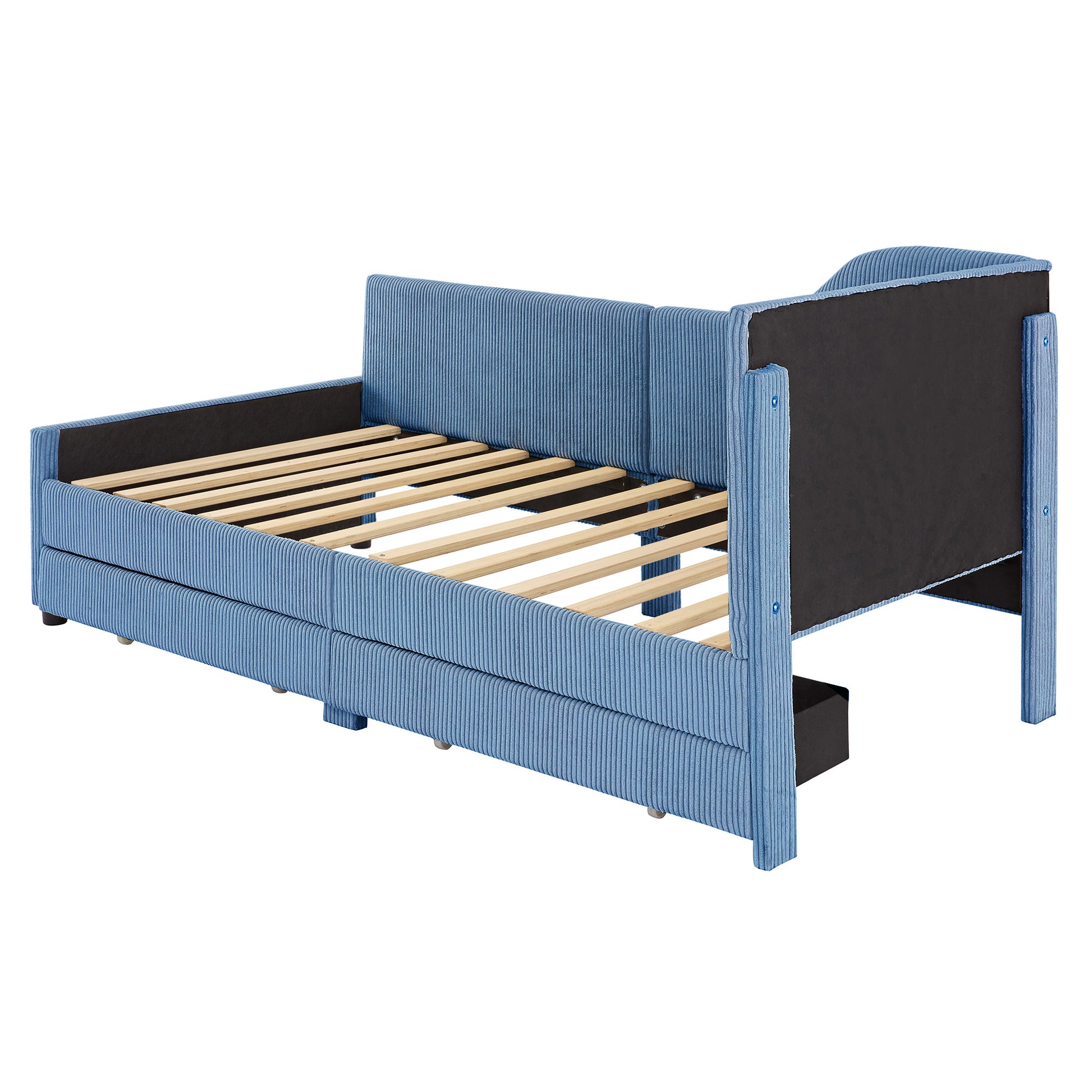 Twin Size L Shaped Corduroy Daybed,Upholstered Bed Frame With 2 Storage Drawers,Blue Twin Blue Wood Fabric