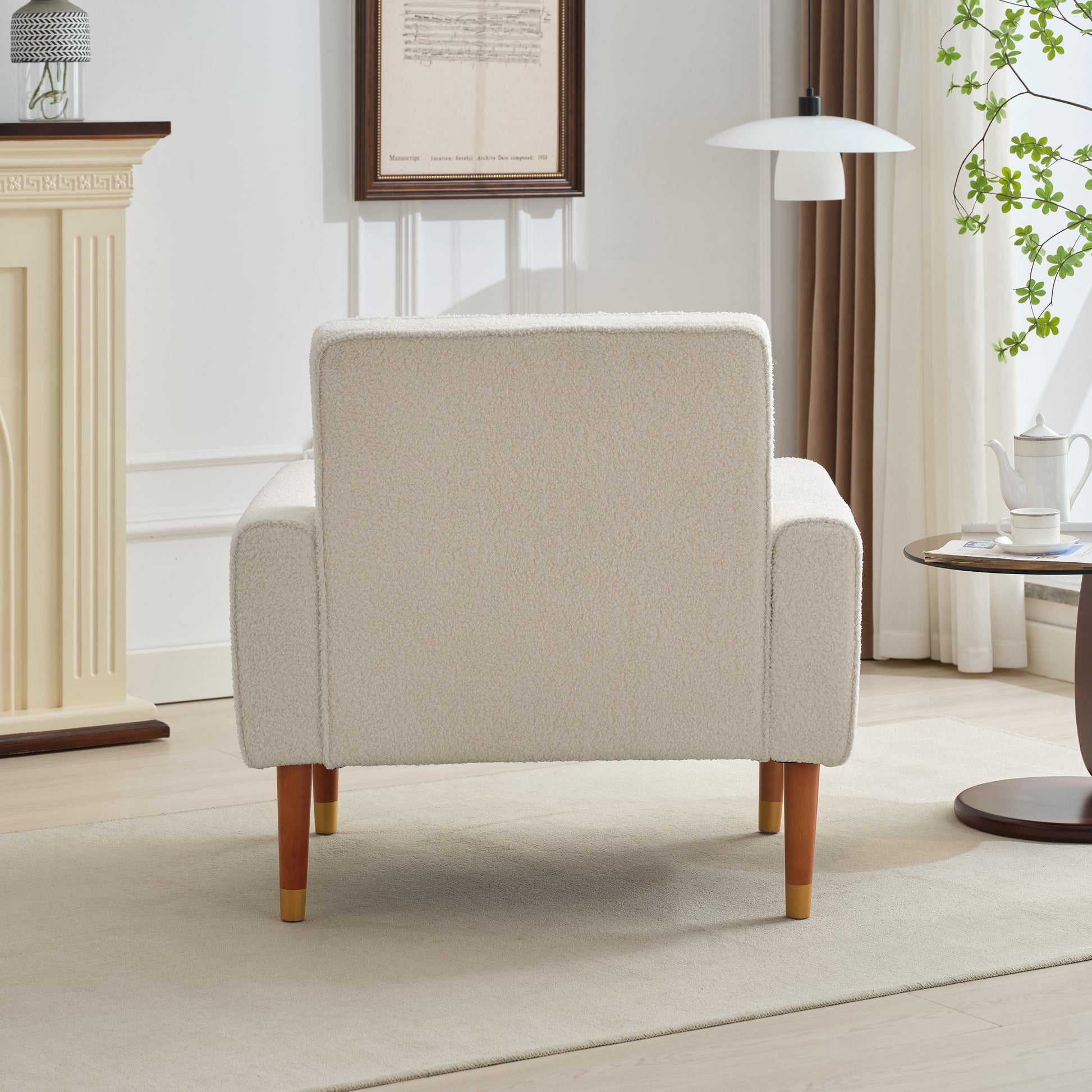 Mirod Classic Biscuit Style Accent Chair Comfortable Armrests, Soft Fabric, Elegant Solid Wood Legs With Gold Finish, Easy Assembly Beige Boucle