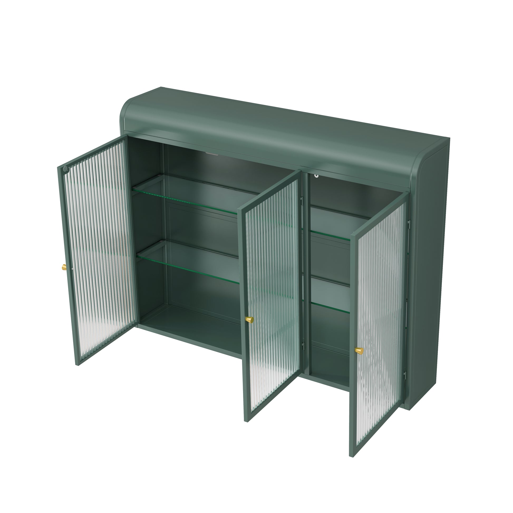 3 Door Arched Wall Mounted Glass Cabinets For Kitchen, Living Room And Bathroom Dark Green Dark Green Glass Metal