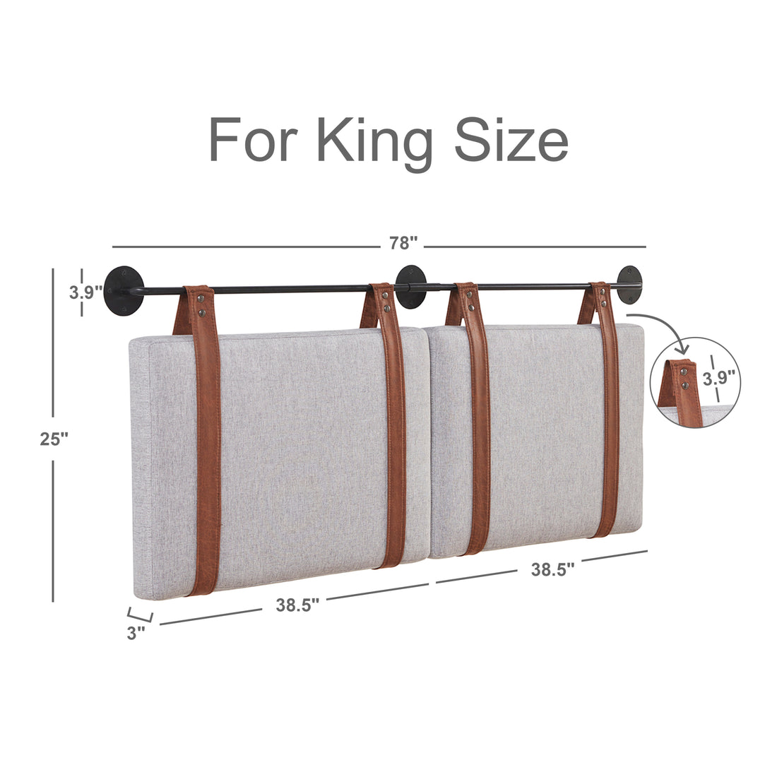 Wall Mounted Headboard King Size With Brown Faux Leather Straps, Linen Fabric Upholstered Headboard With Adjustable Heigh Headboard, King Headboard With Metal Bar For Dining Room, Bedroom, Grey King Grey Bed Frame Linen Fabric Metal