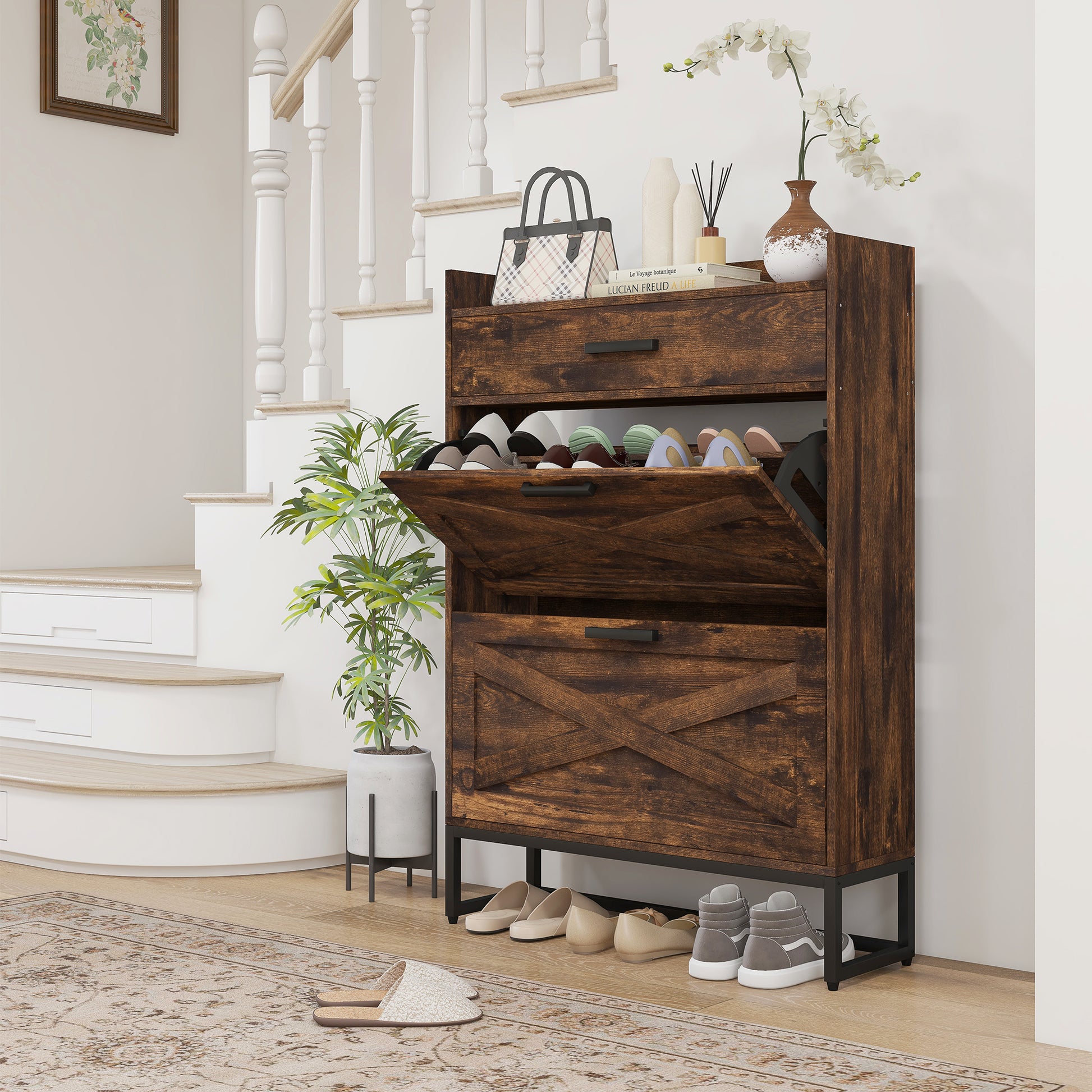 Homcom Narrow Shoe Cabinet With 2 Flip Doors And Top Drawer, Brown Rustic Brown Particle Board