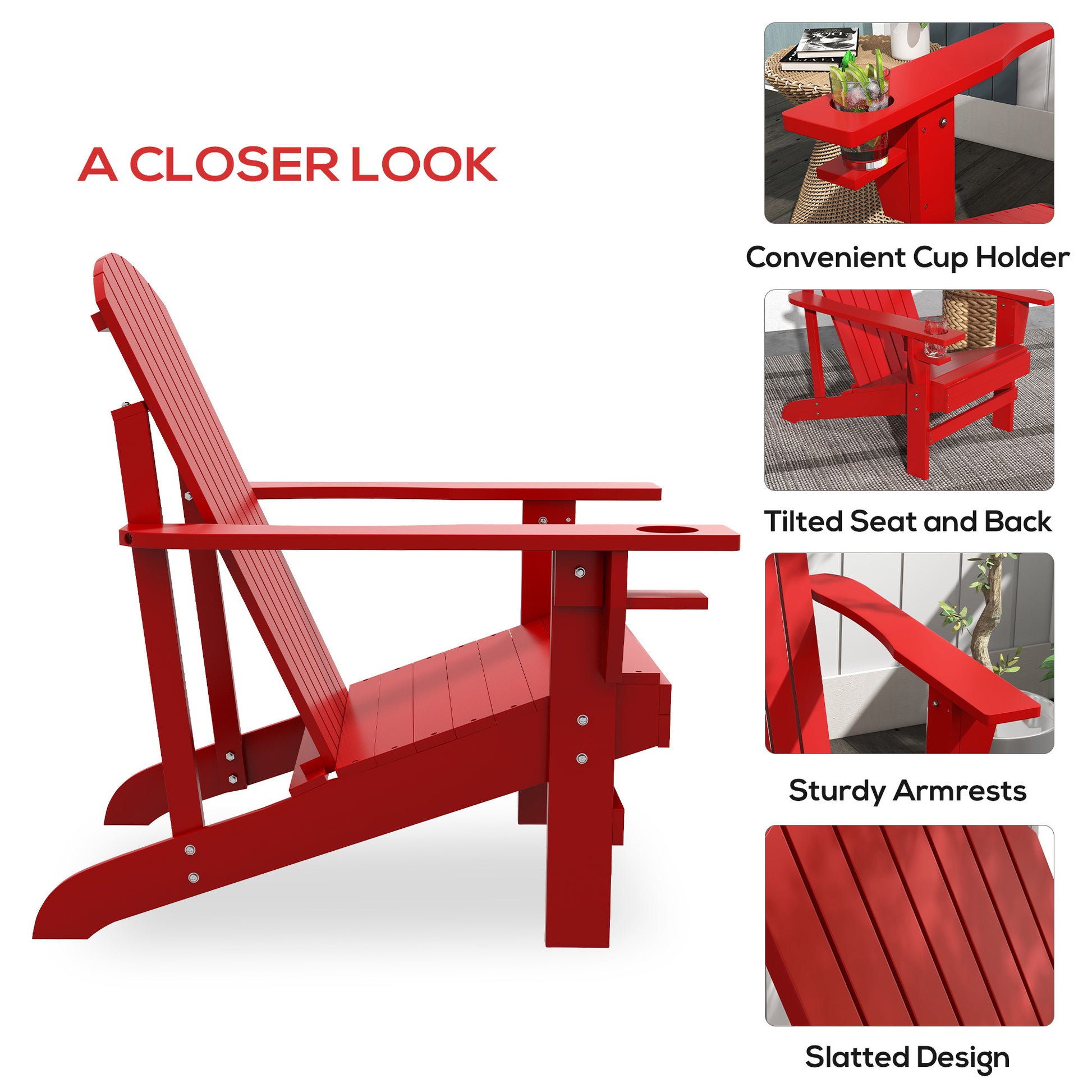 Outsunny Wooden Adirondack Chair, Outdoor Patio Lawn Chair With Cup Holder, Weather Resistant Lawn Furniture, Classic Lounge For Deck, Garden, Backyard, Fire Pit, Red Red Wood