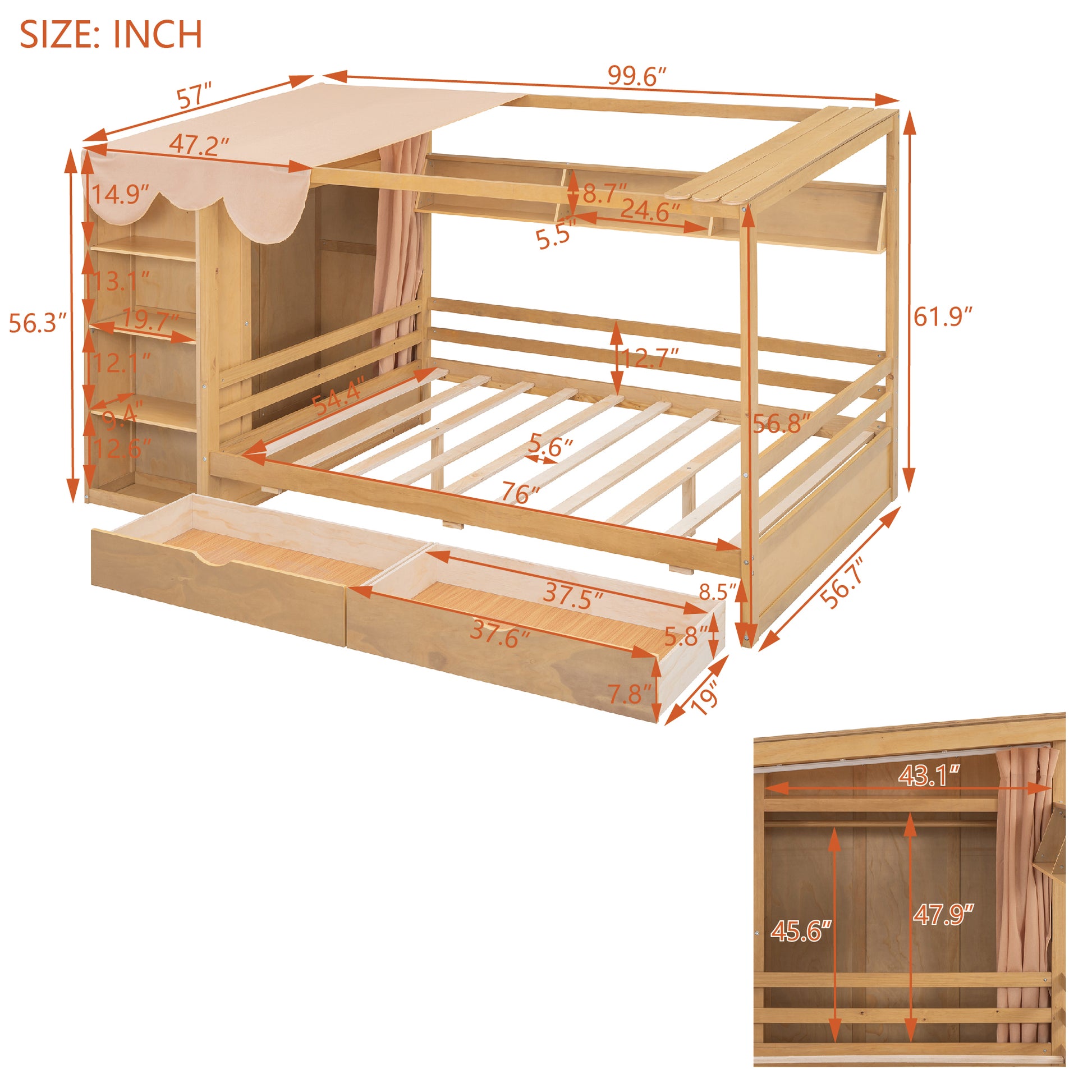 Full Size House Bed With Two Drawers And Wardrobe,Natural Full Natural Solid Wood