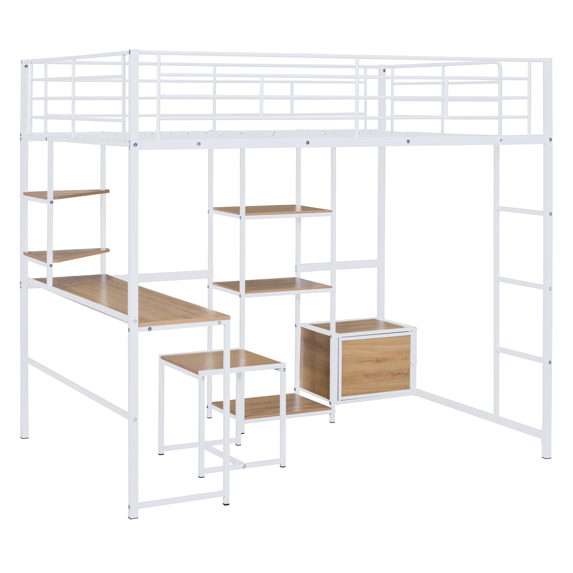 Full Size Loft Bed With Desk And Stool, Metal Loft Bed With Open Style Wardrobe, Shelves And Cabinet, White Full White Metal & Wood