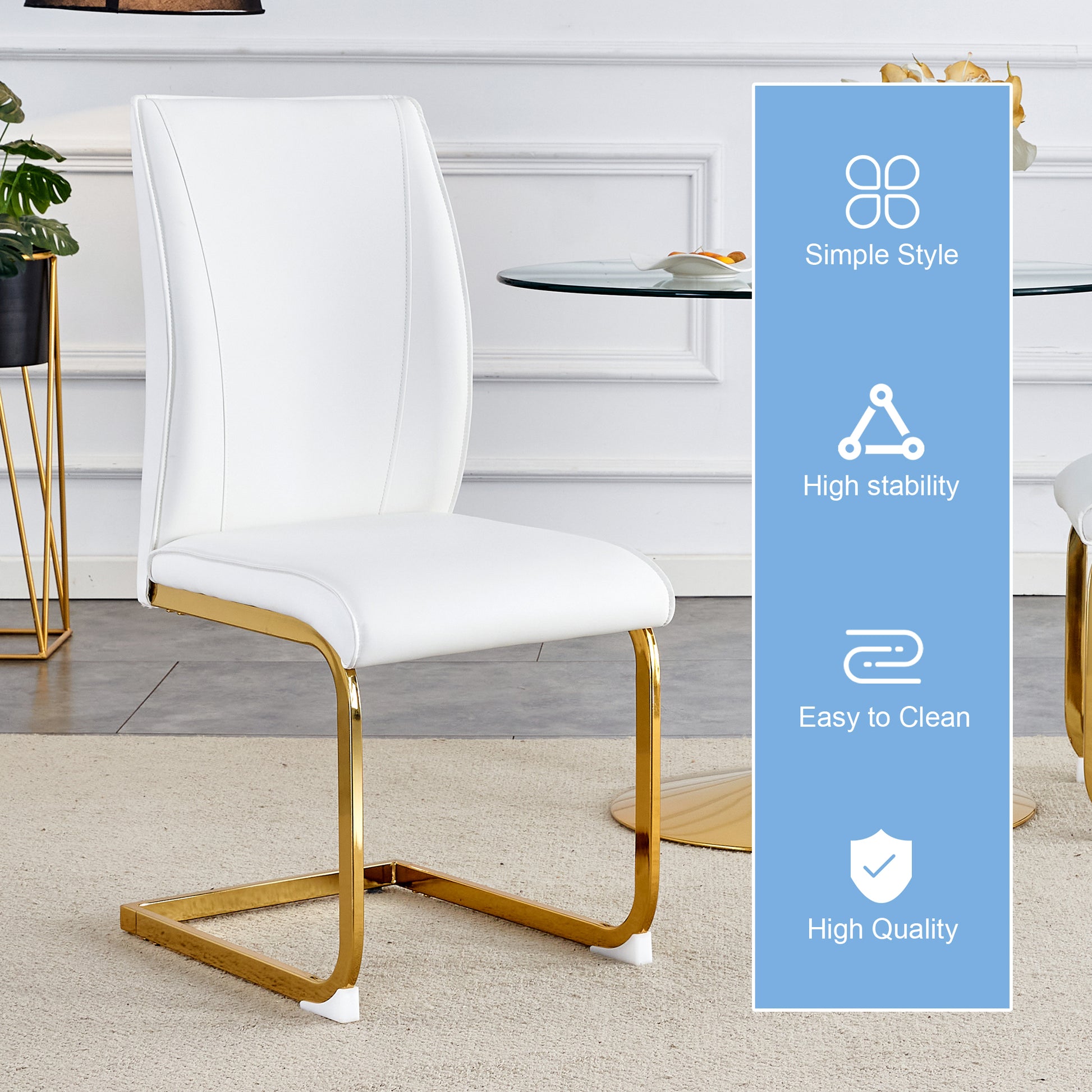 Luxury Simple Arch Chair Set Of 4 White Pu Material High Resilience Dining Chair With Arched Metal Gold Leg. White Gold Metal,Pu
