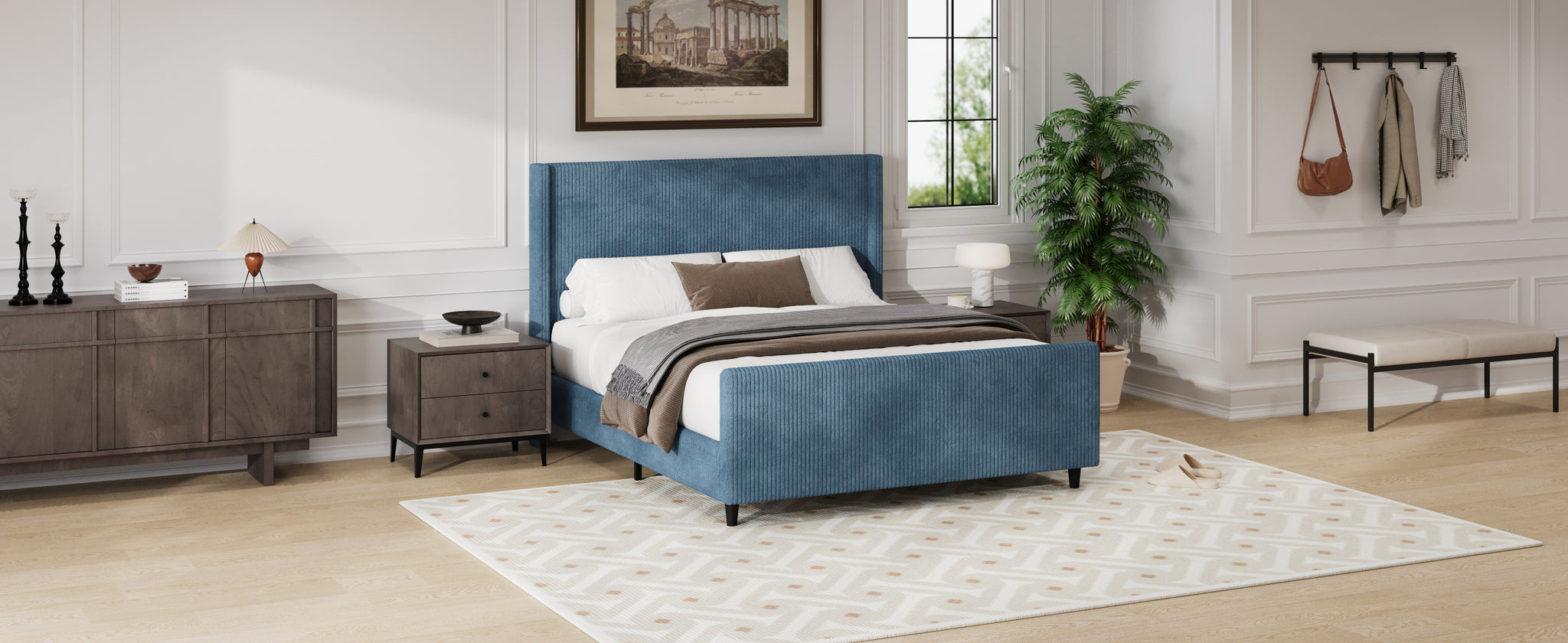 50.7'' High Headboard Corduroy Upholstered Bed Frame With Vertical Stripe Wingback And High Footboard No Box Spring Needed,King Size, Blue Box Spring Not Required King Blue Wood Bedroom Modern Bed Frame Wood