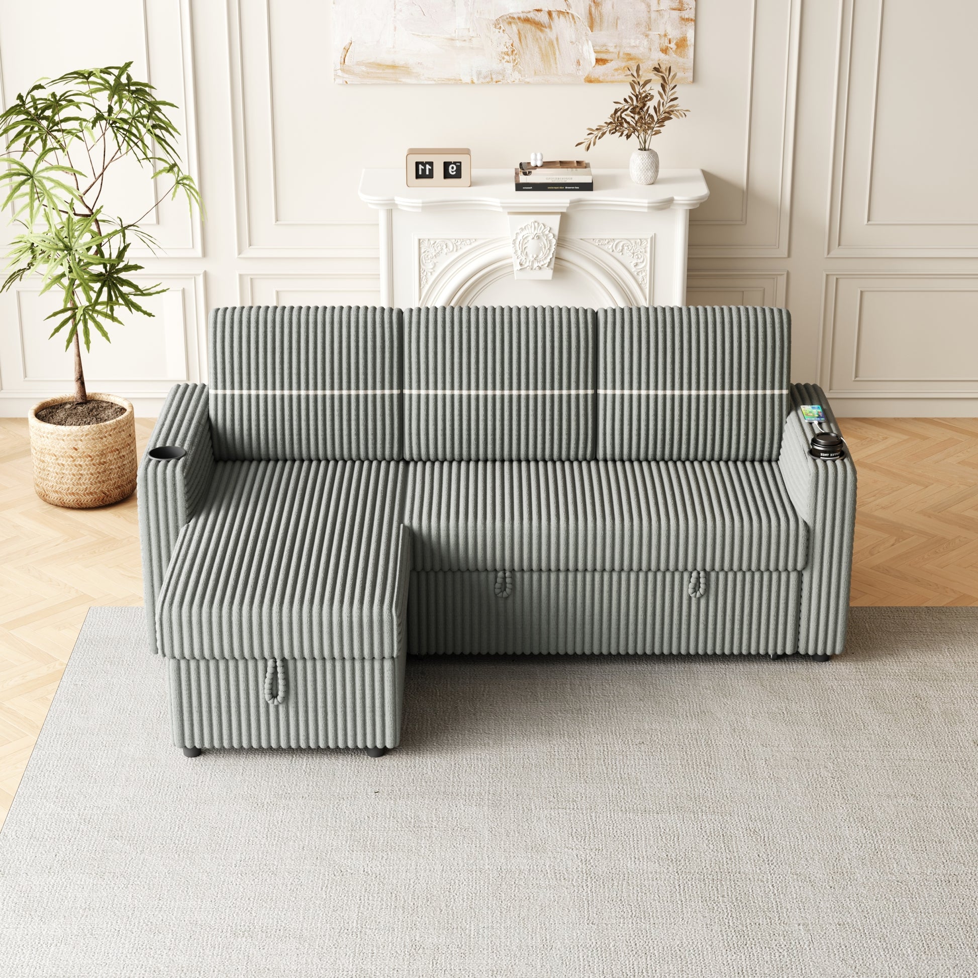85 Inches Corduroy Sofa Bed, 3 Seater Sleeper Sofa With Storage Chaise, Square Handrail With Two Cup Holder And Usb Charge Port, Pull Out Couch For Living Room Light Grey Corduroy 3 Seat