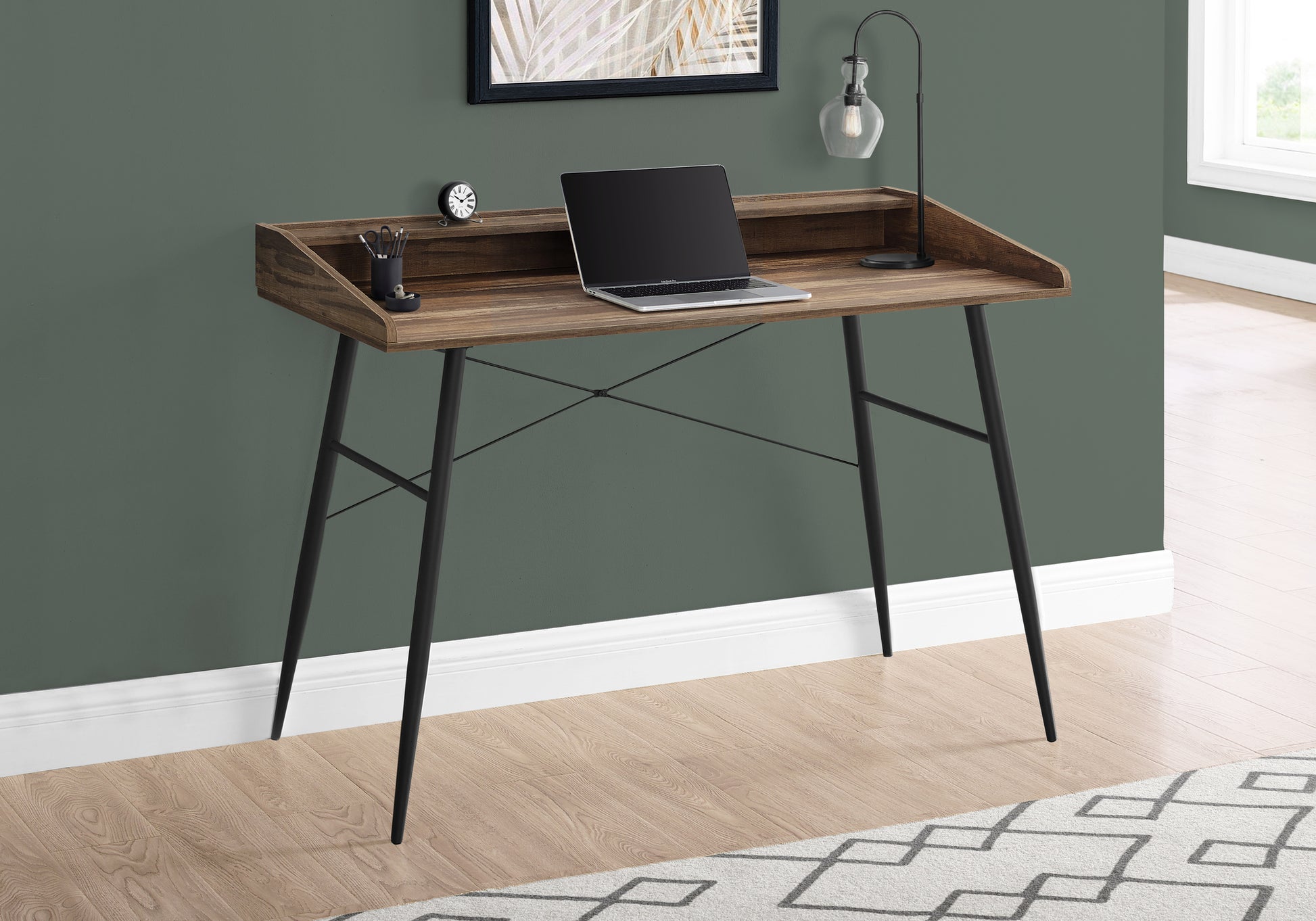 Computer Desk, Home Office, Laptop, Storage Shelves, 48"L, Work, Brown Laminate, Black Metal, Contemporary, Modern Brown Particle Board