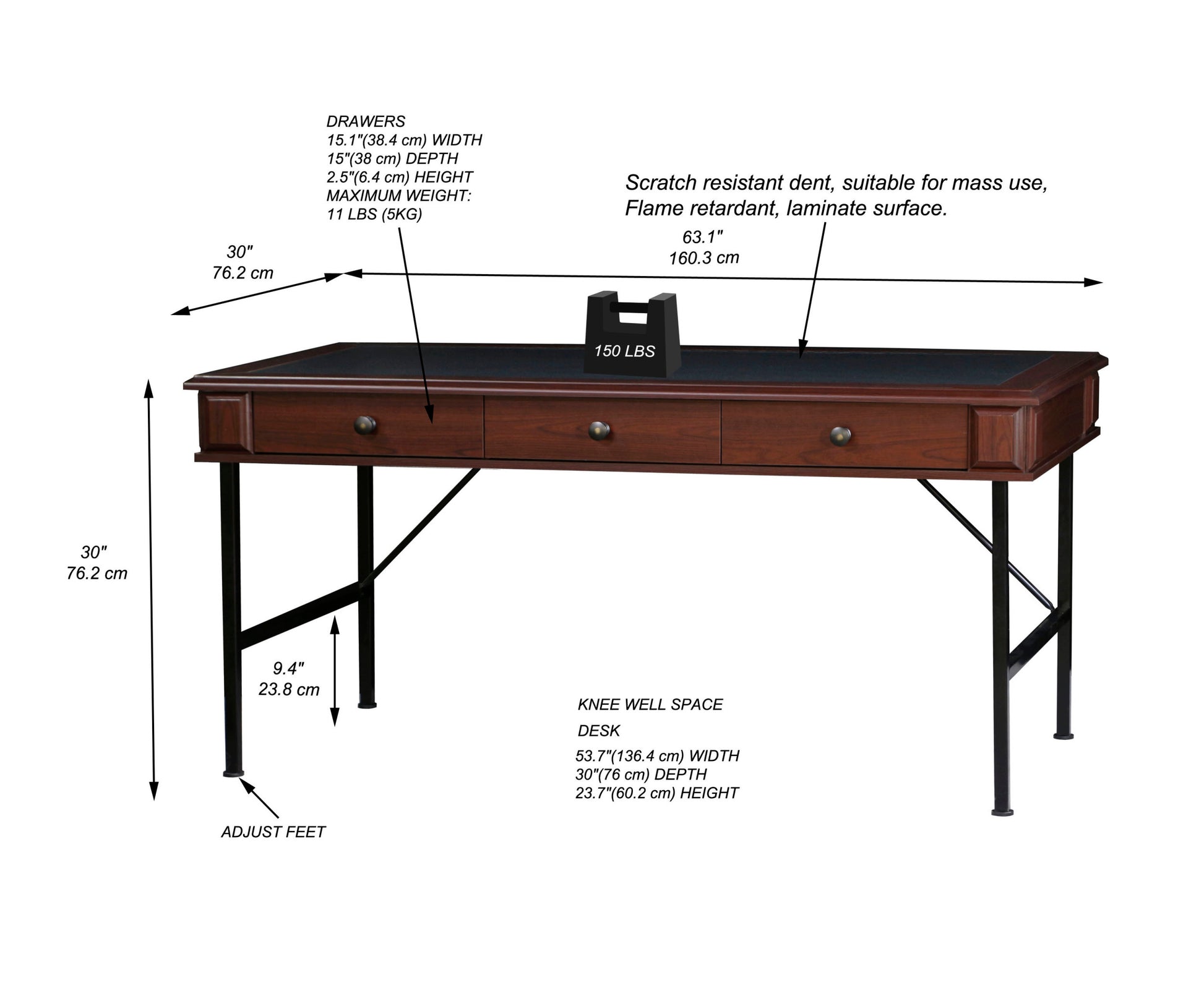 63" Writing Desk "Chic Cherry And Black Dual Tone Office Desk Elegant, Durable Writing Table With Storage Drawers And Metal Frame" Cherry Solid Wood