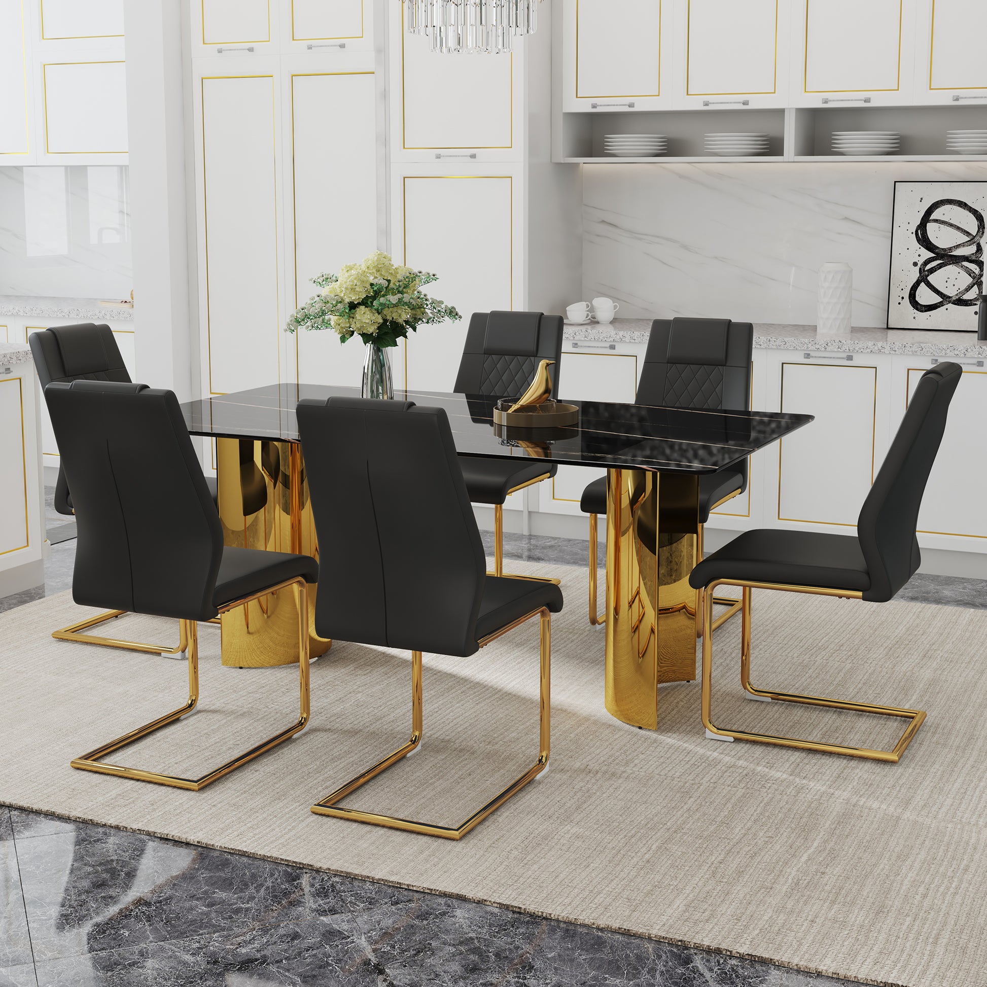 Table And Chair Set.The Table Has A Glass Tabletop With Imitation Marble Pattern Stickers And Stainless Steel Golden Table Legs. Paried With Comfortable Chairs With Pu Seats And Metal Legs. Gold Black Seats 6 Glass Metal